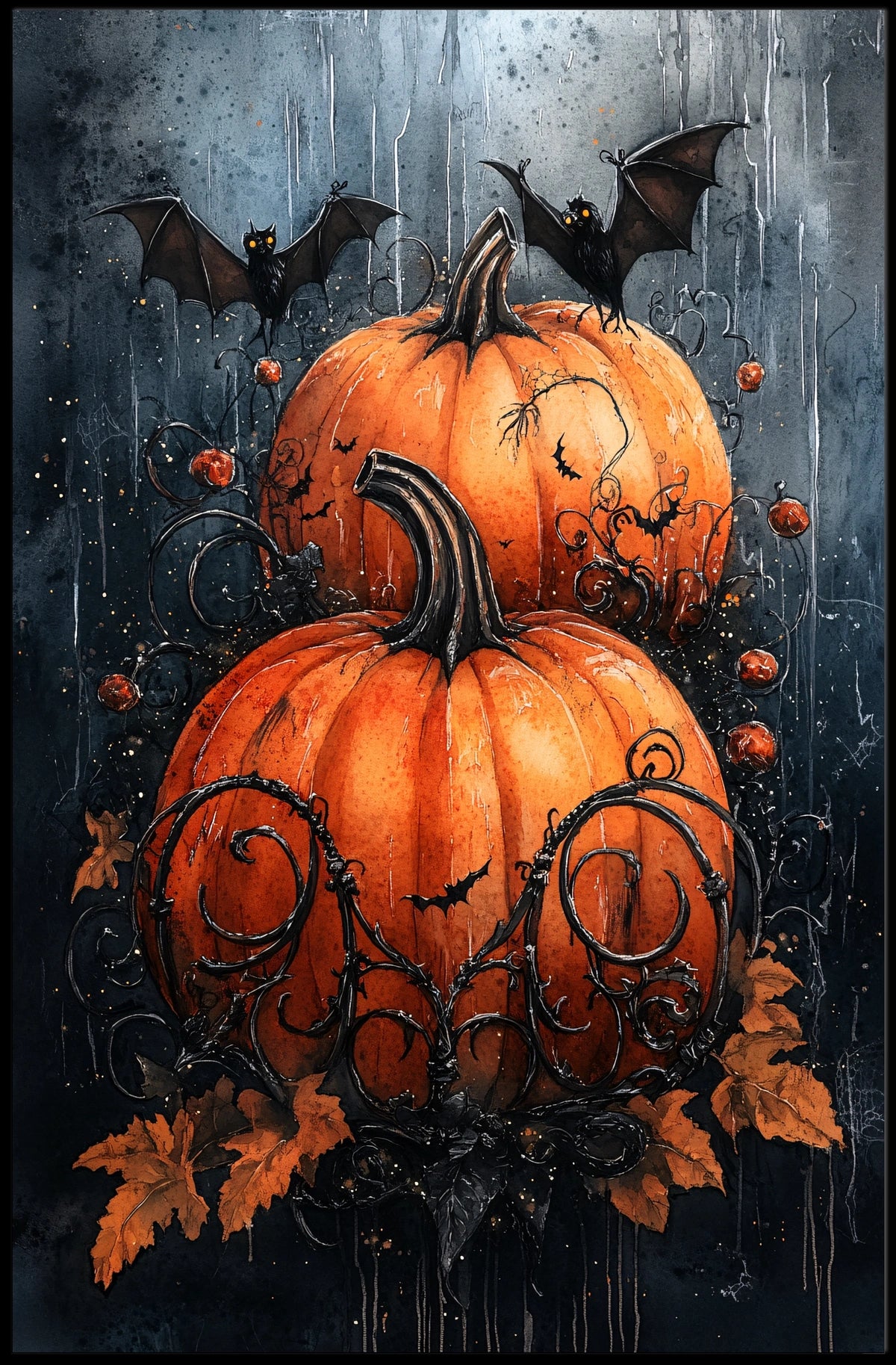 Halloween Pumpkin and Bat Spooky Scene Artistic Poster