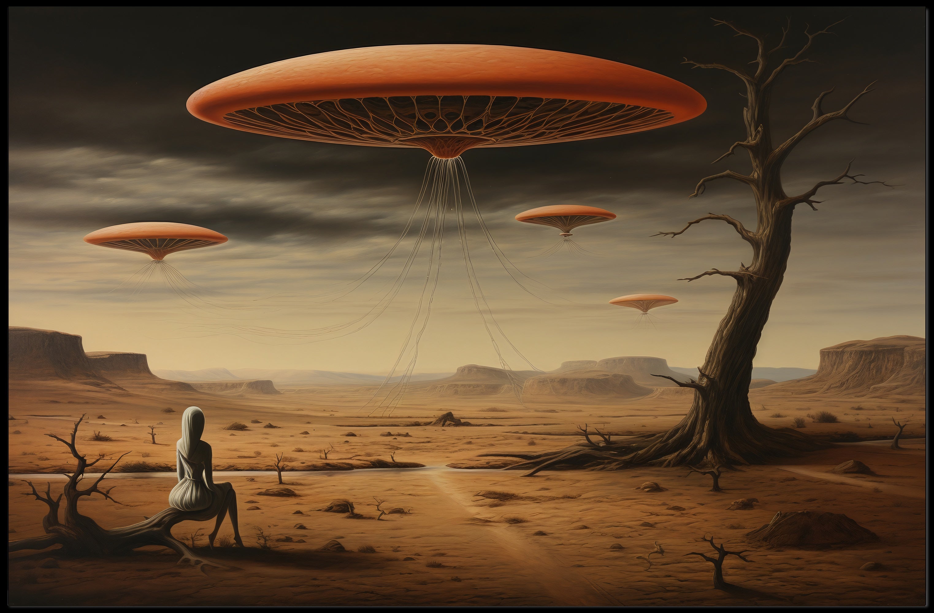 Surreal Hovering Discs in Futuristic Sci-Fi Poster
