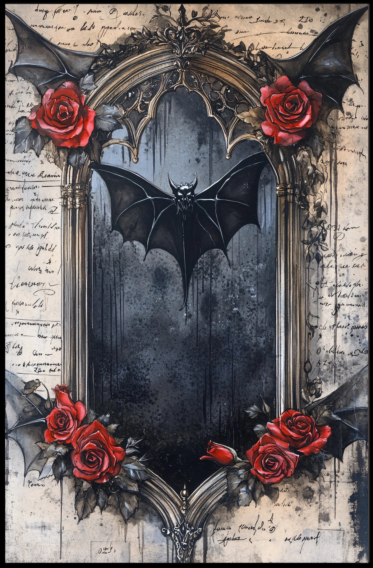 Gothic Bat Dark Roses Artistic Pop Culture Poster