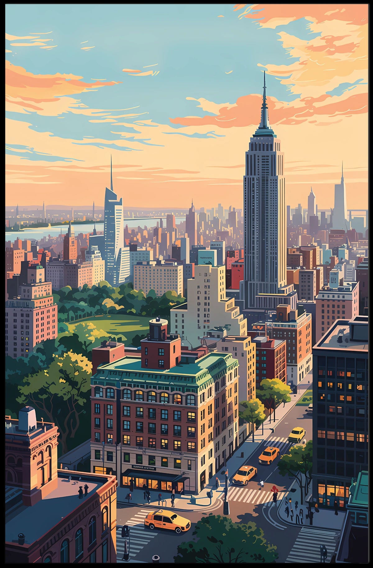 New York Sunset Cityscape Skyline Poster Modern Wall Art