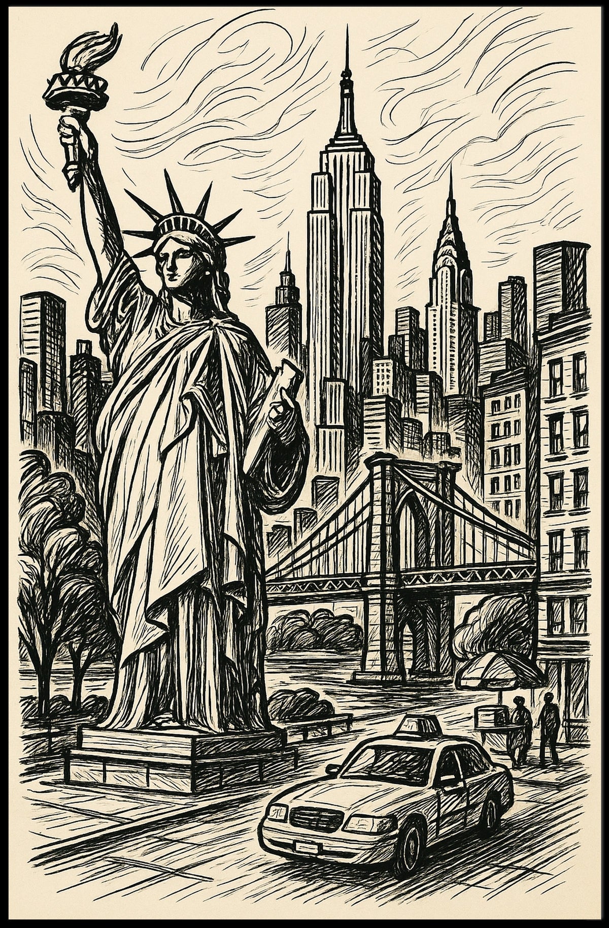 New York City Poster Vintage Monochrome Cityscape Wall Art