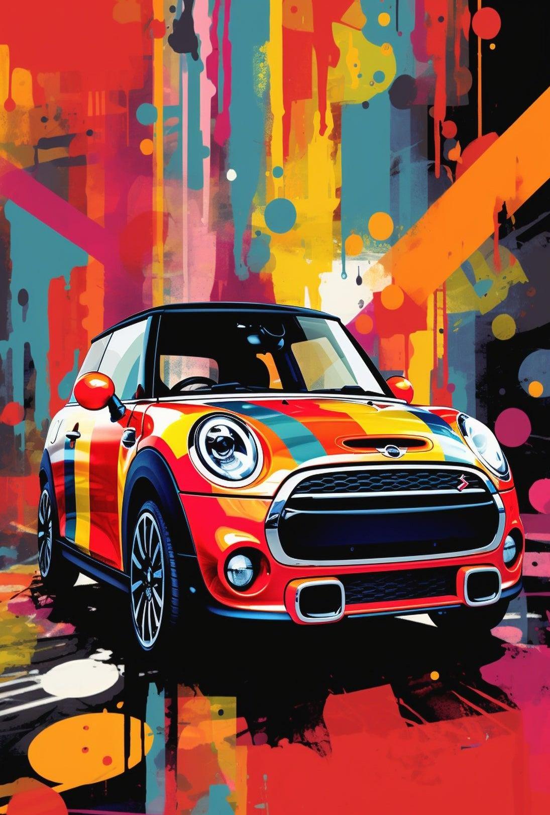 Vibrant Abstract Art Poster with Mini Cooper Illustration