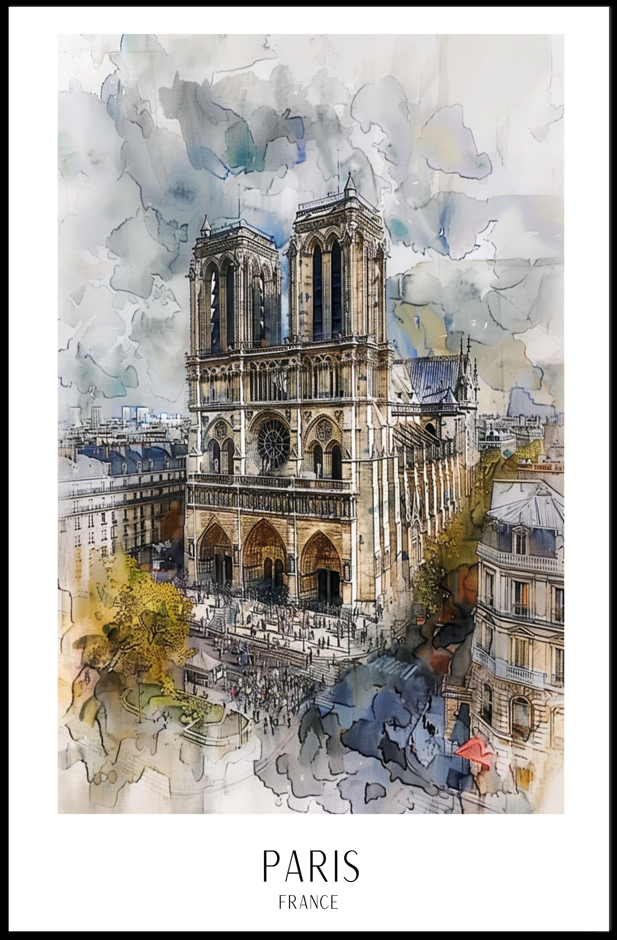 Notre-Dame Paris Watercolor Scene Urban or Cityscape Poster PosterGoat