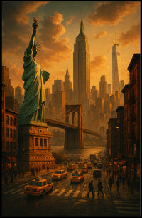 New York City Poster Vintage Sunset Cityscape Wall Art
