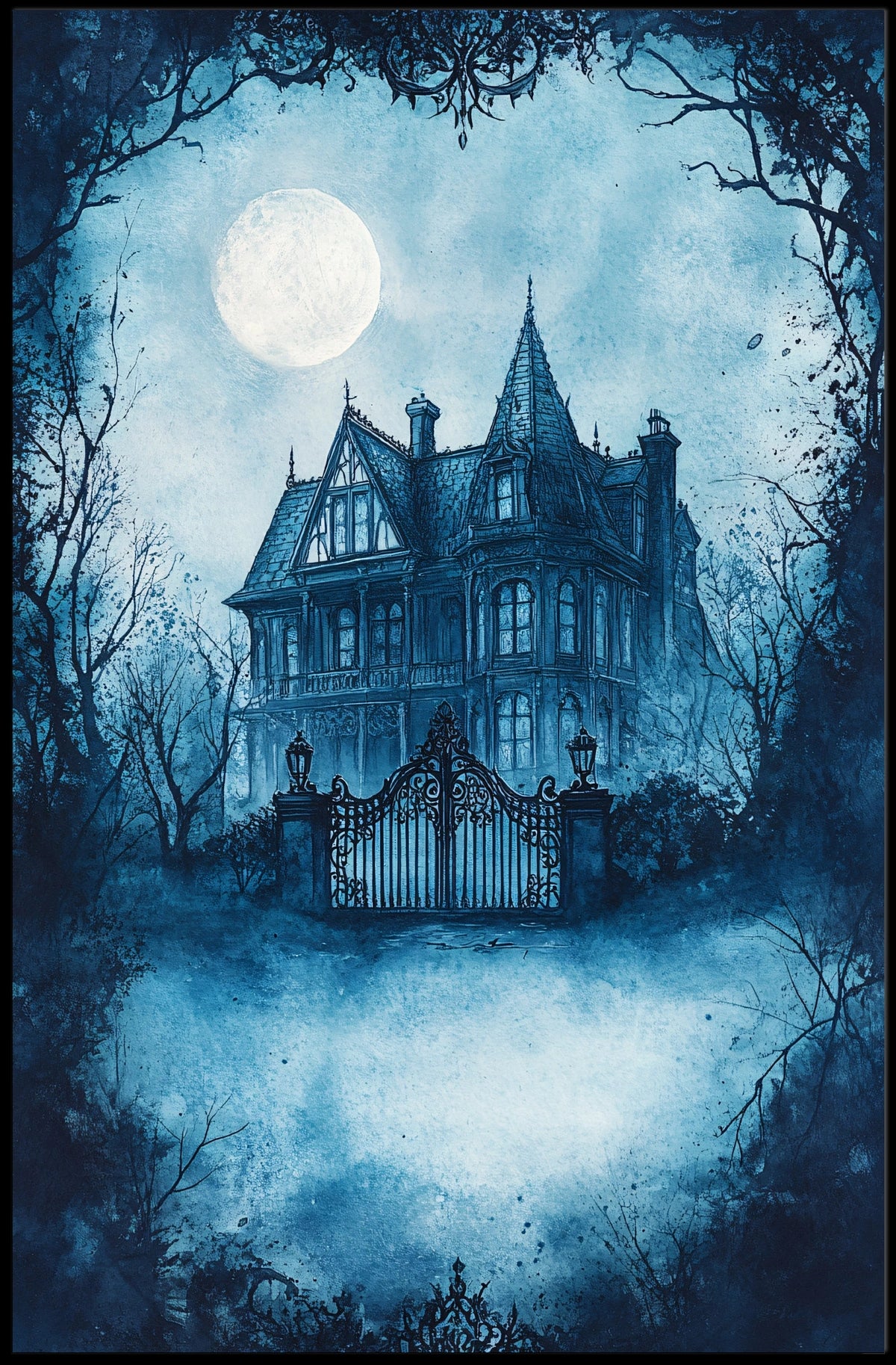 Victorian Mansion Nightscape Gothic Vibes Artistic Poster