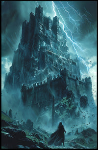 Ominous Fortress under Stormy Skies: Fantasy or Mythology Poster PosterGoat