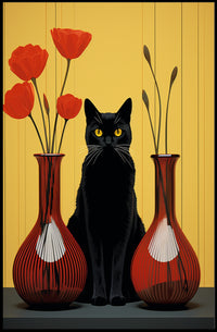 Black Cat And Red Vases Poster