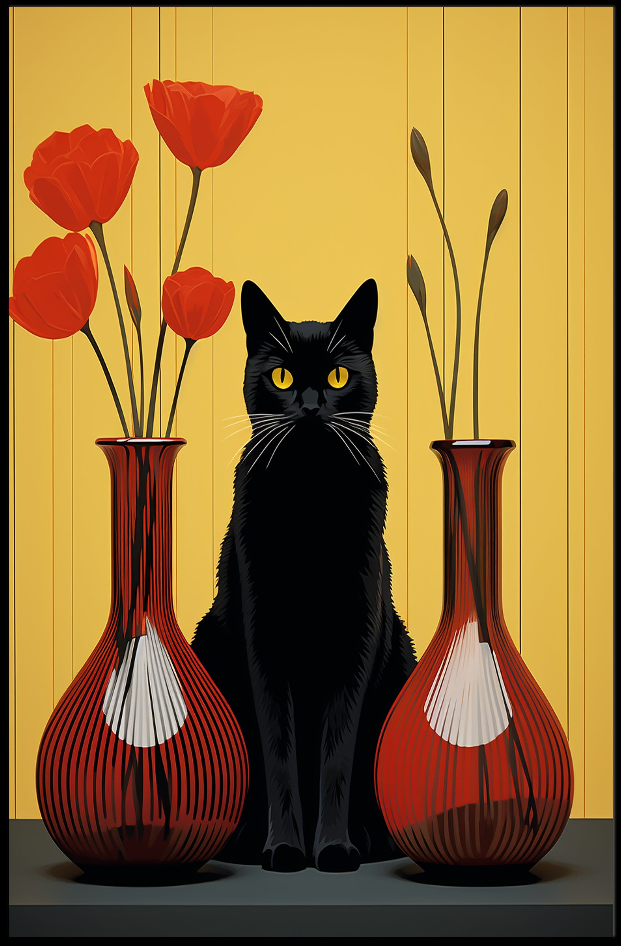 Black Cat And Red Vases Poster