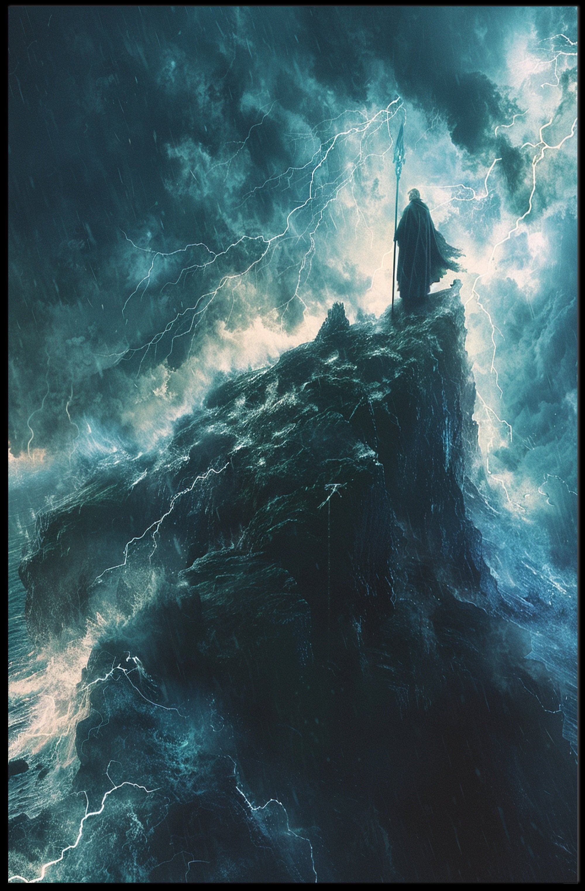 Mystical Guardian on Stormy Cliff Fantasy or Mythology Poster PosterGoat