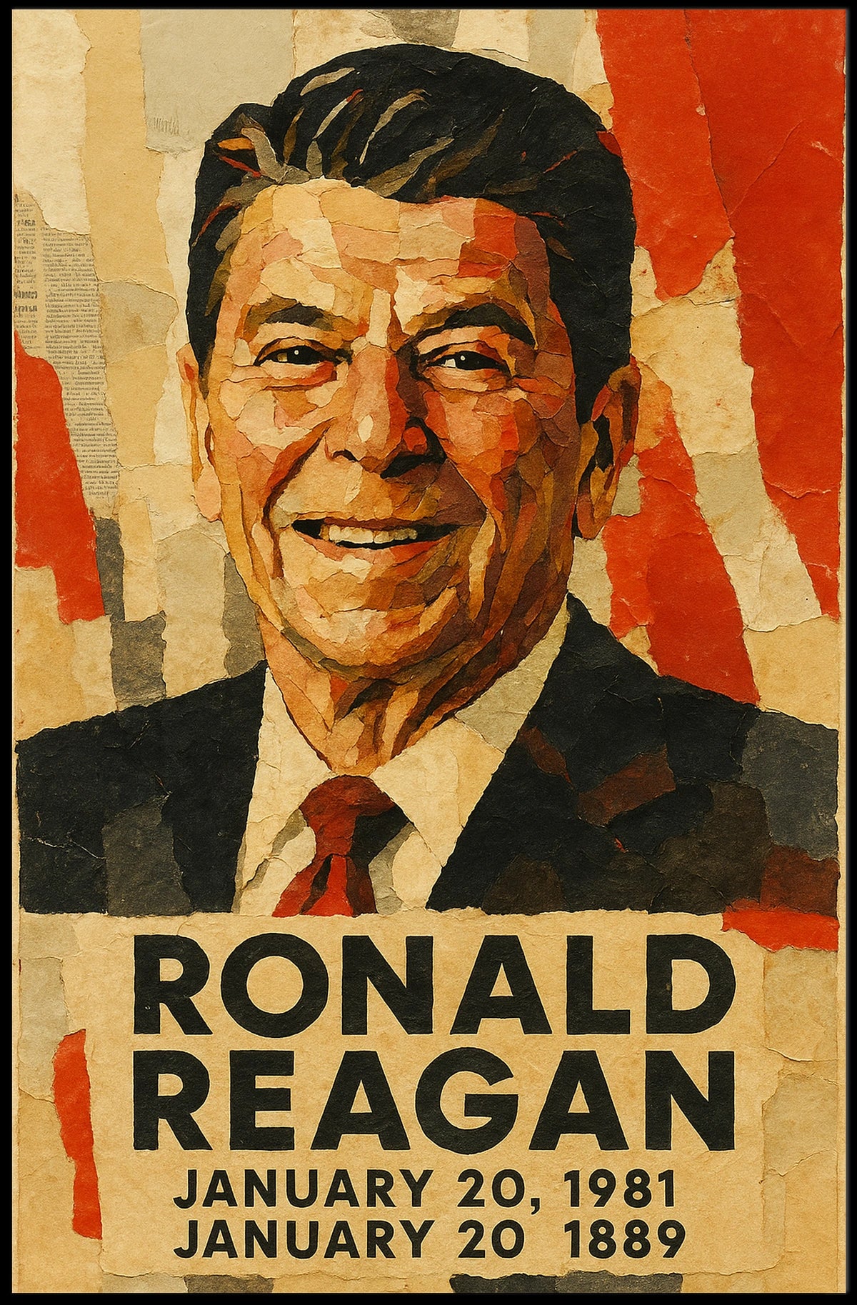 Ronald Reagan 40th President of the United States Layered paper Collage Poster