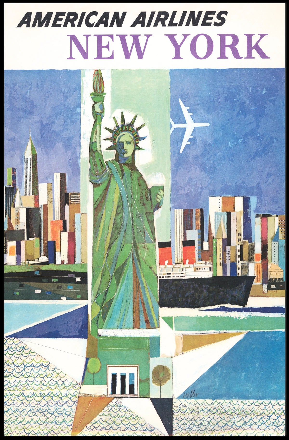 New York City Skyline Harbor Poster Vintage Wall Art