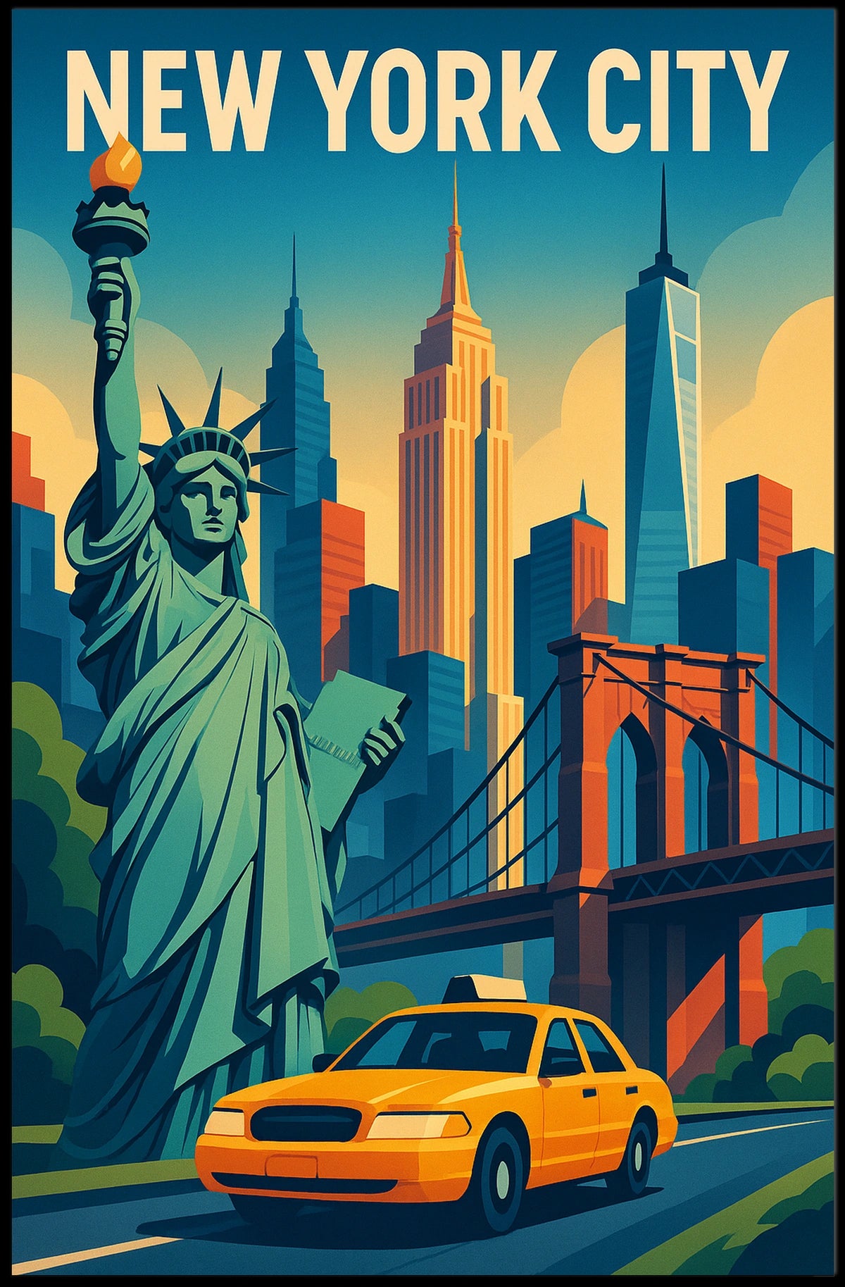 Iconic New York City Poster With Brooklyn Bridge Skyline