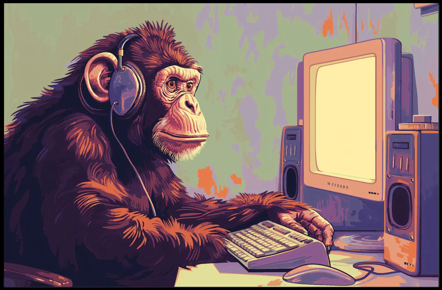Chimpanzee with Headphones Retro Computer Poster