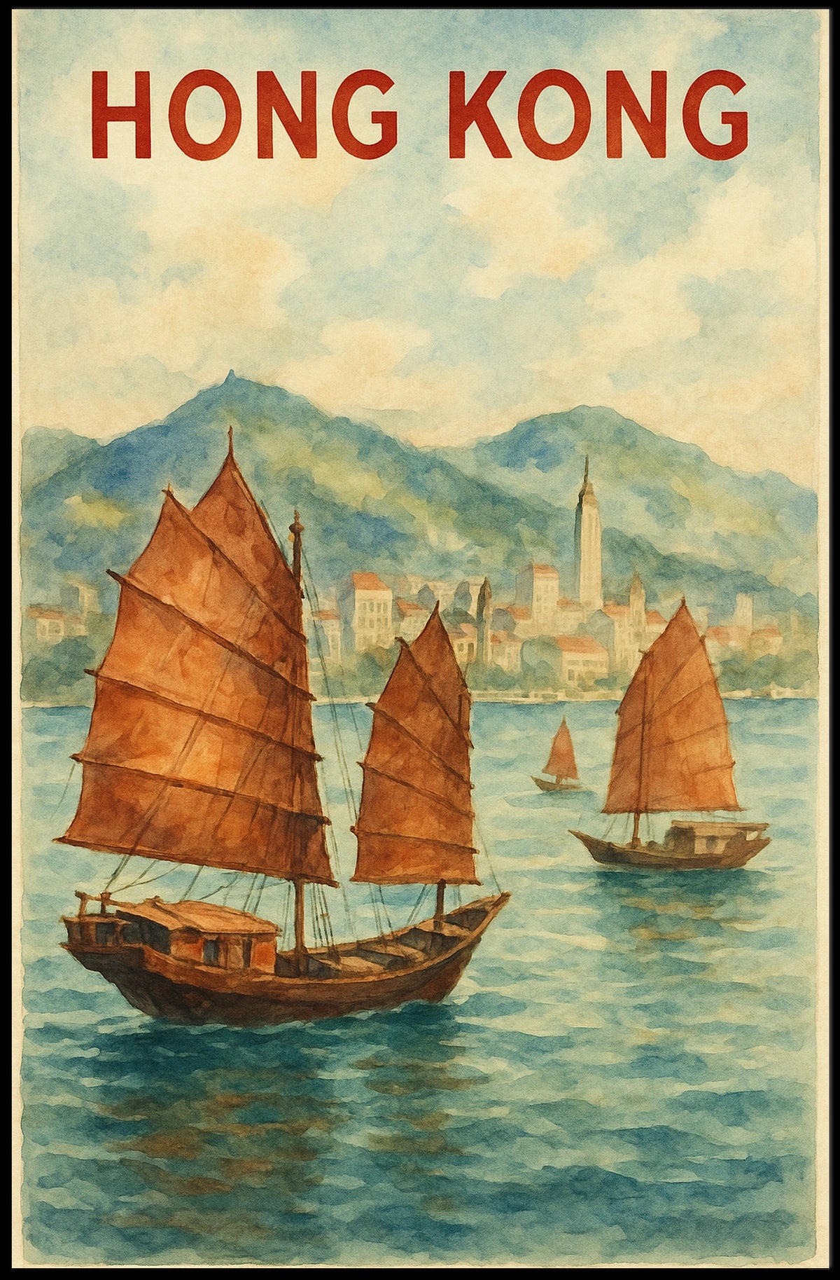 Hong Kong Harbor Watercolor Travel Poster