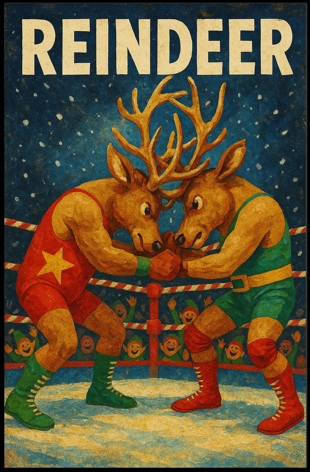 Whimsical Reindeer Wrestling Holiday Poster Art Print