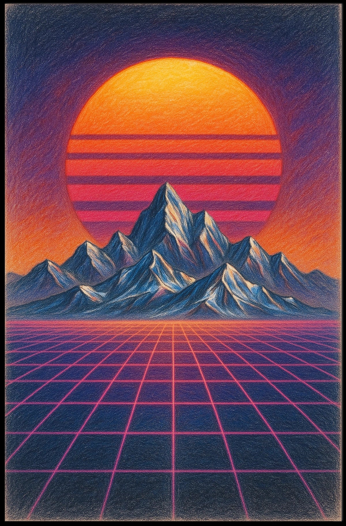 Retro Synthwave Mountain Landscape: Futuristic Sci-Fi Poster