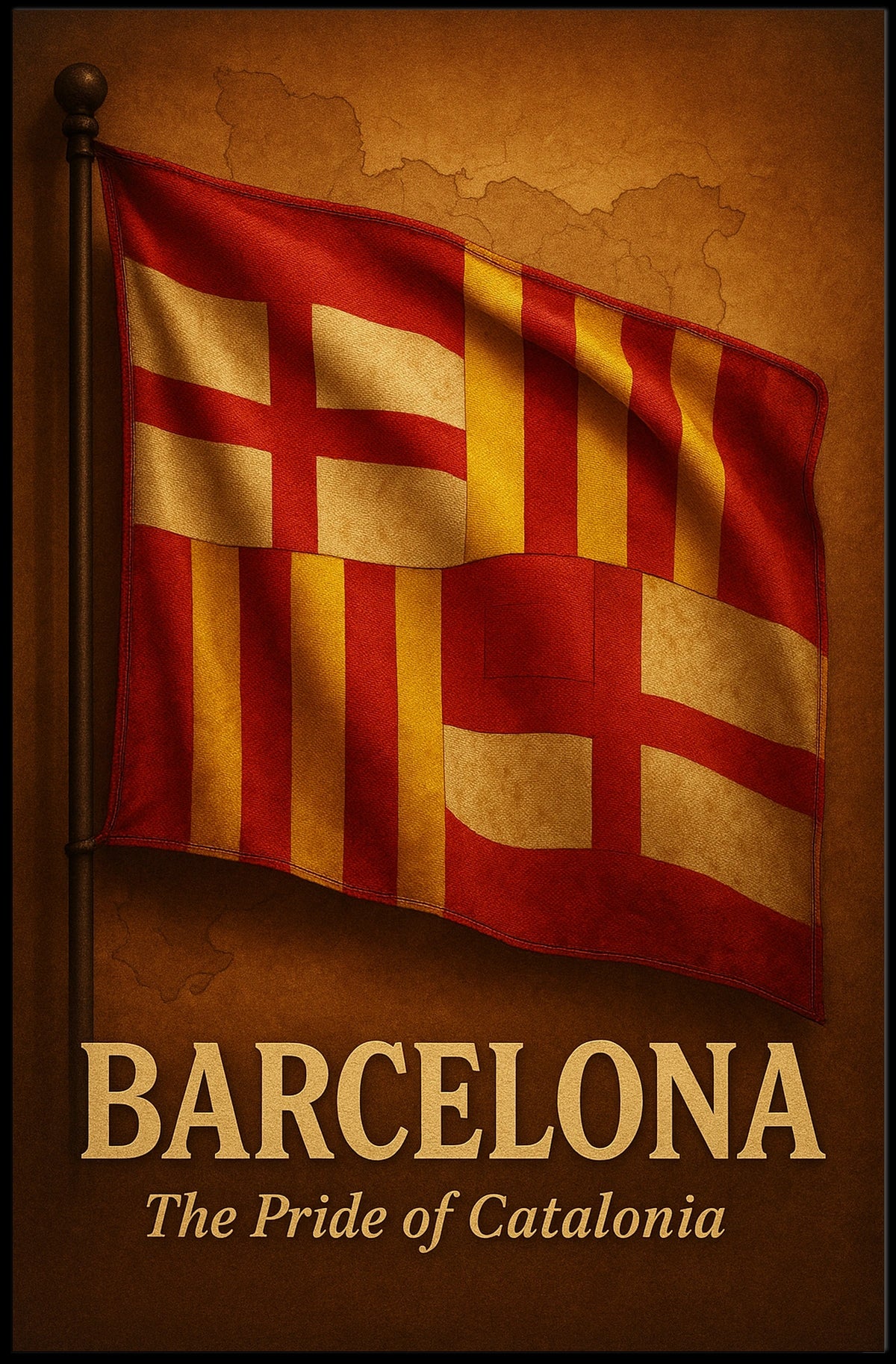 Barcelona and Catalonia Pride Flag Vintage Map Poster