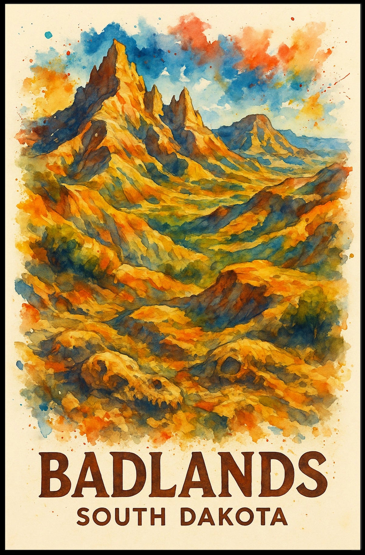 Badlands Watercolor Vintage Travel Poster Art Print
