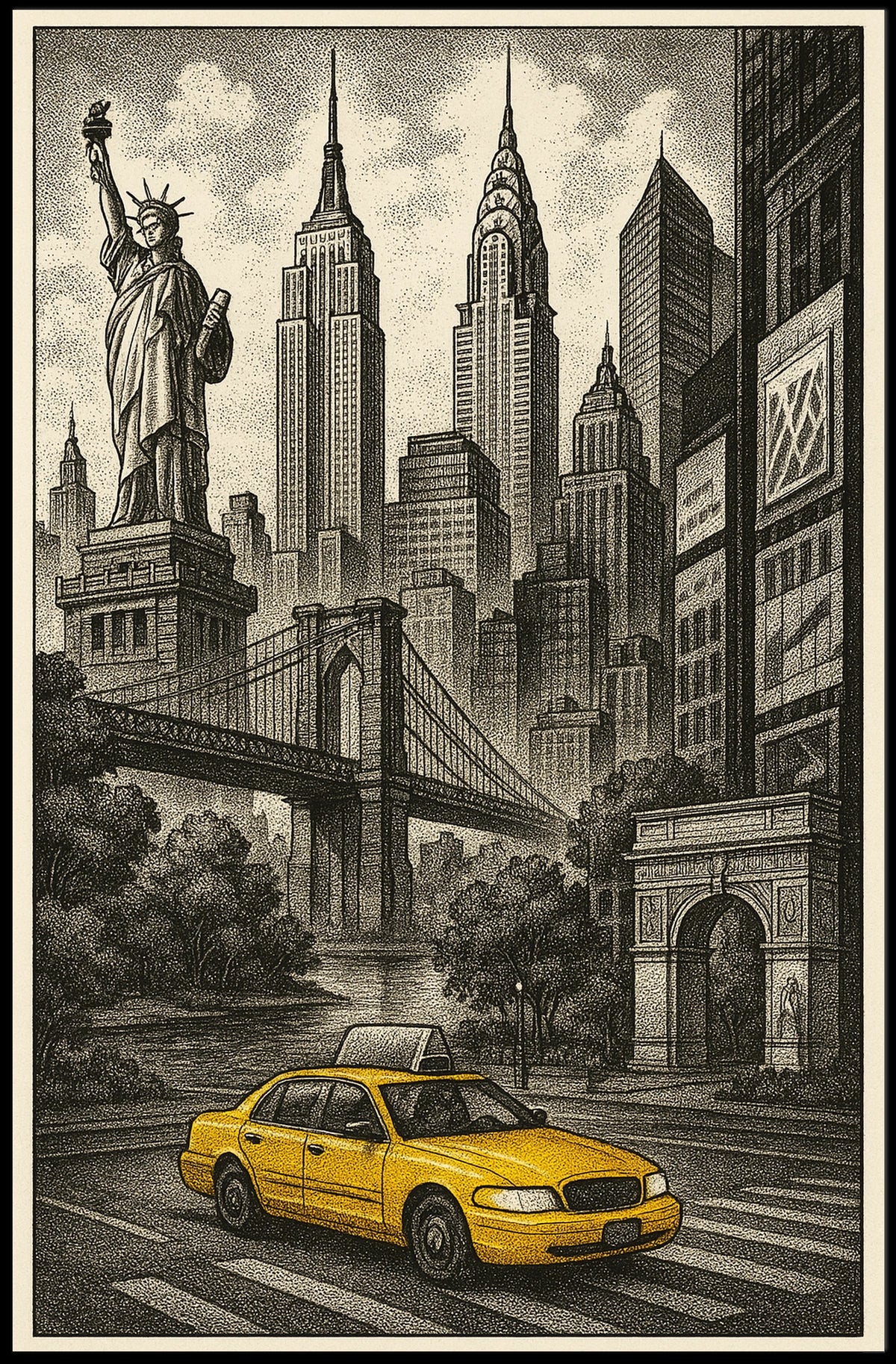 New York City Taxi Scene Poster Vintage Wall Art