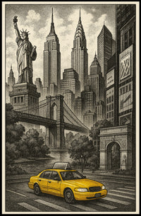 New York City Taxi Scene Poster Vintage Wall Art