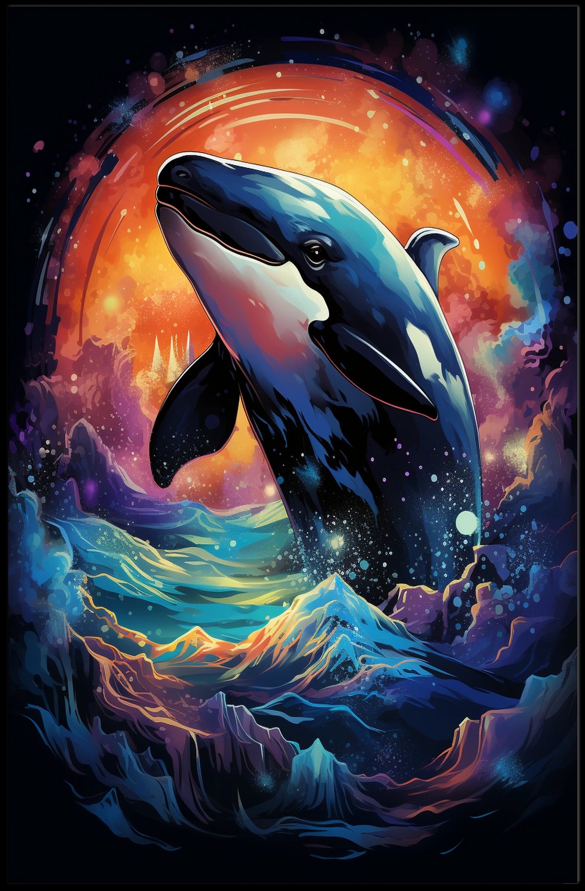 Whale in Cosmic Waves: Surreal Art Poster