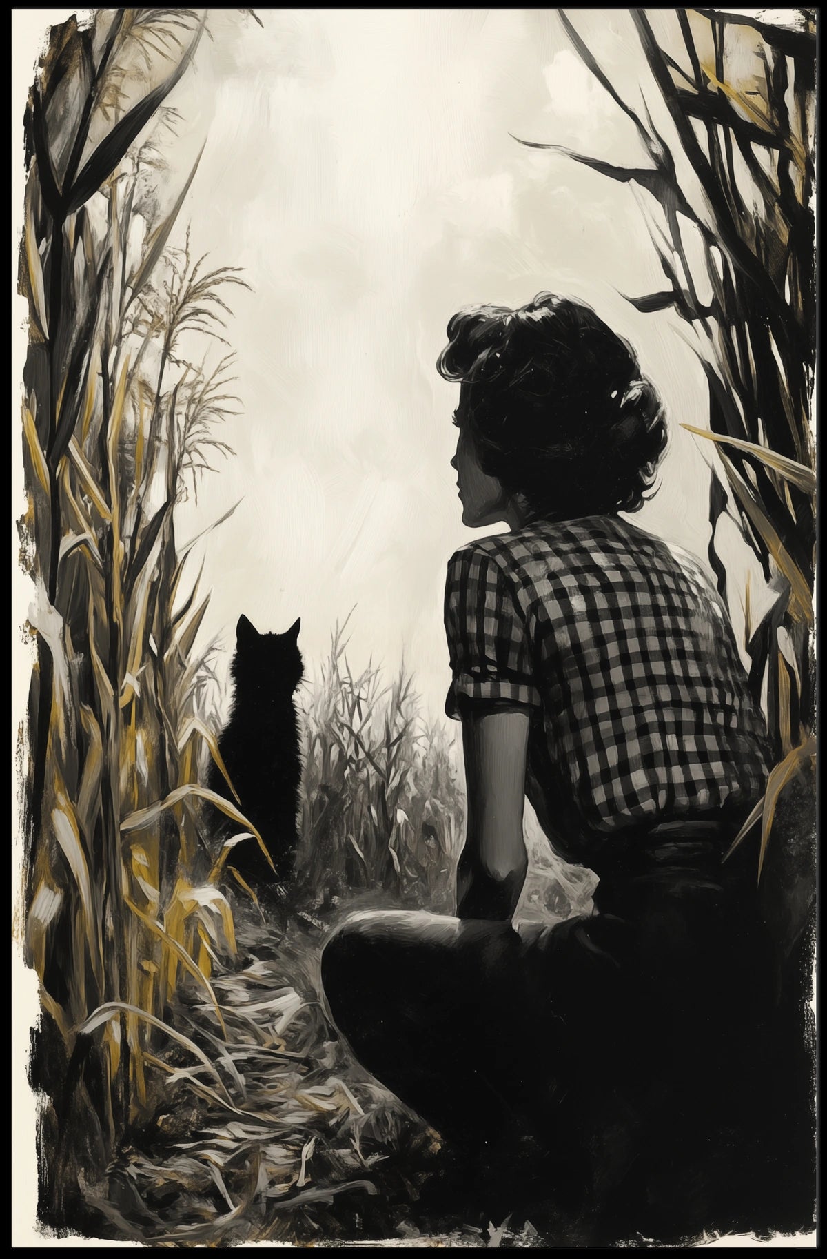 Woman and Cat in Cornfield Vintage Monochromatic Poster