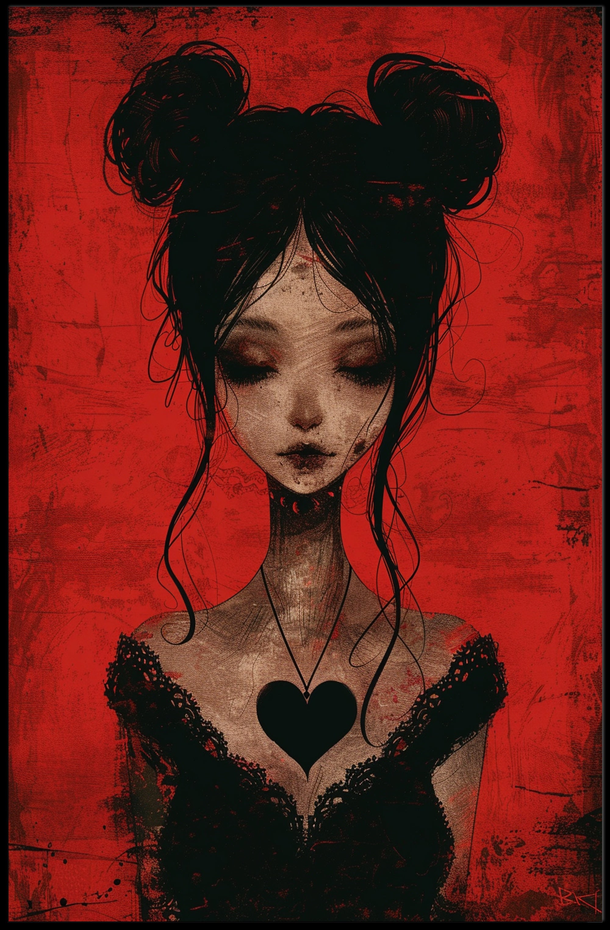 Gothic Red Background Somber Female Character Poster PosterGoat