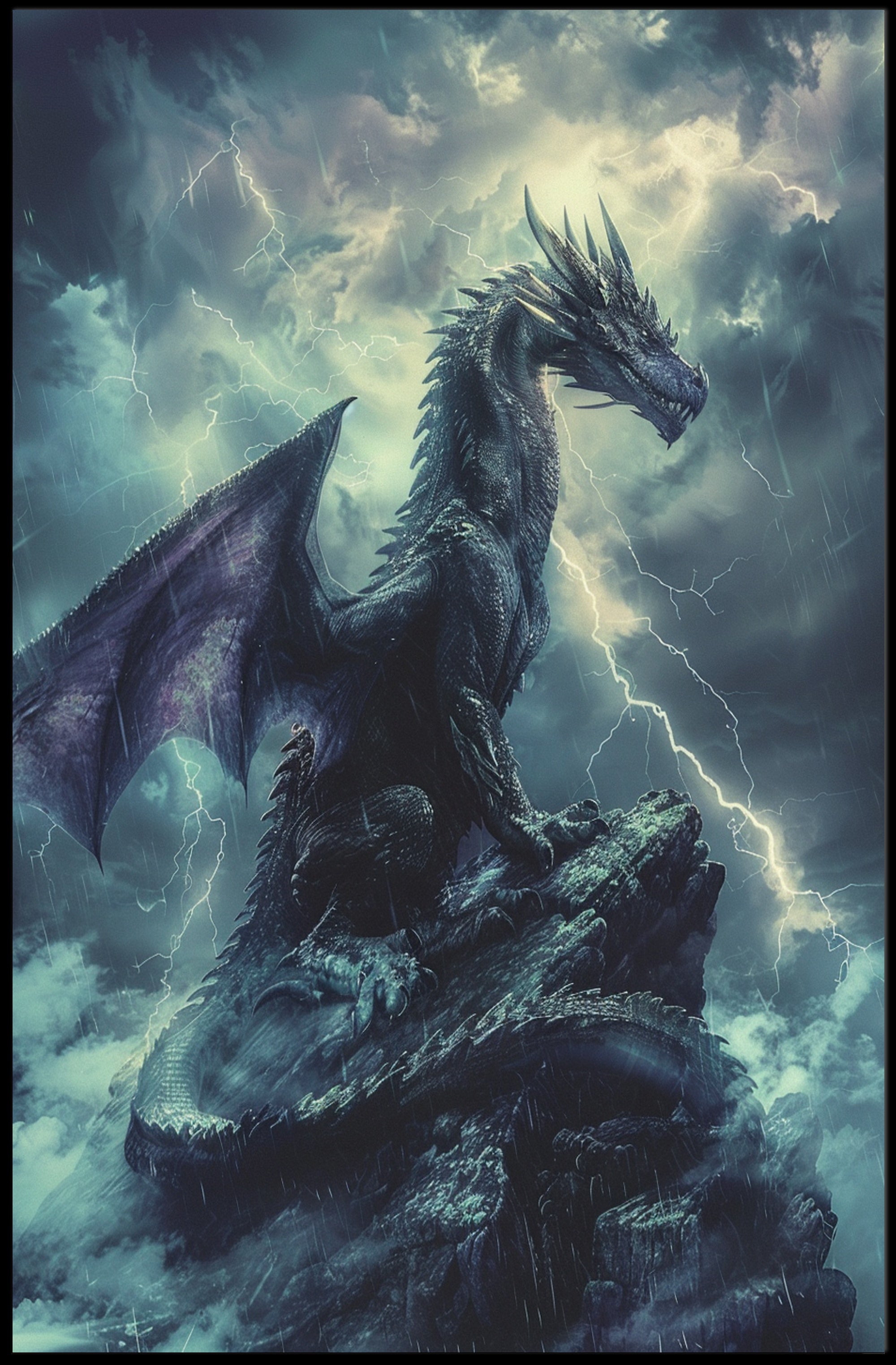 Majestic Dragon Amidst Storm Fantasy or Mythology Poster PosterGoat