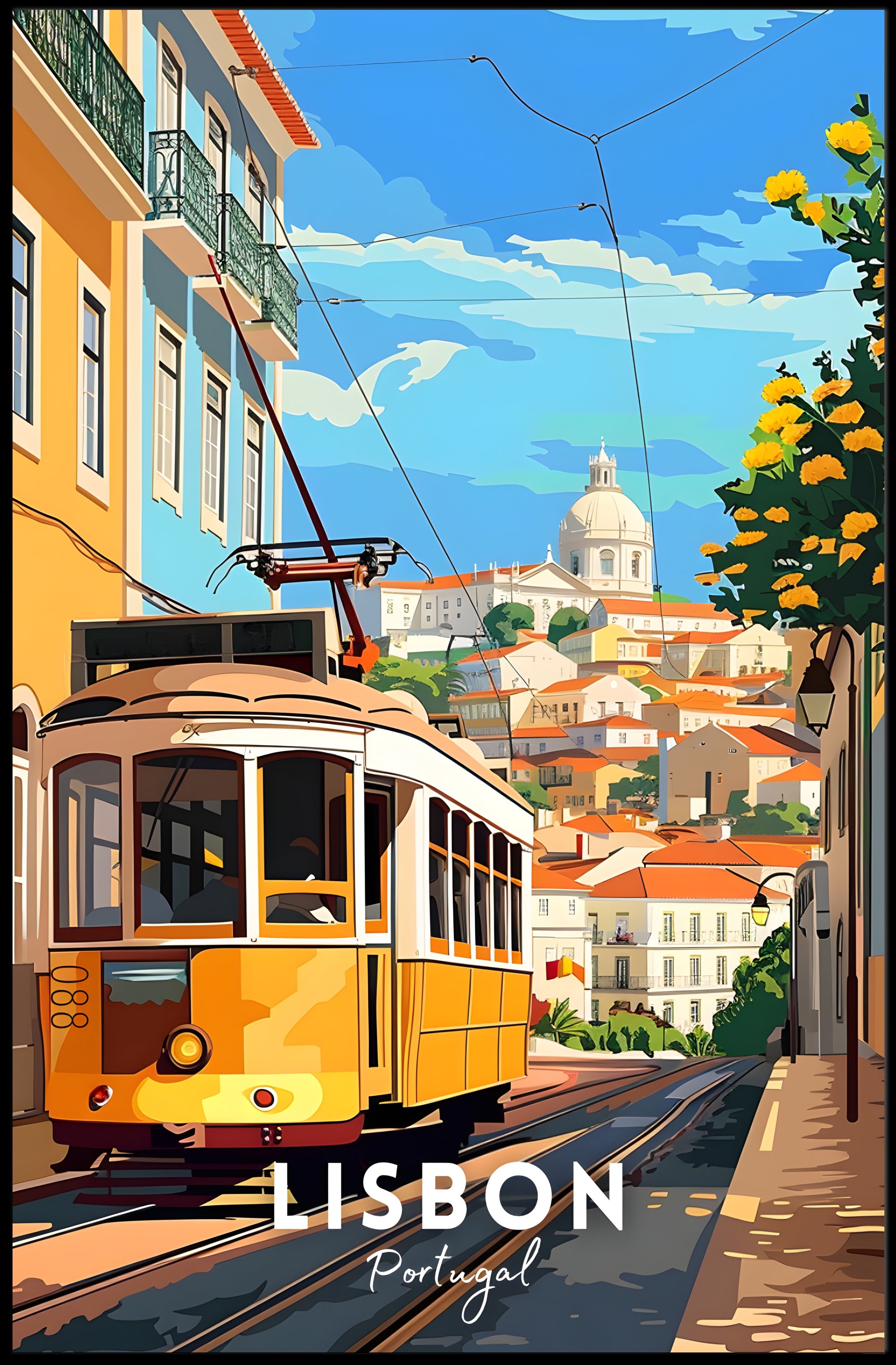 Lisbon Yellow Tram Cityscape Travel Poster
