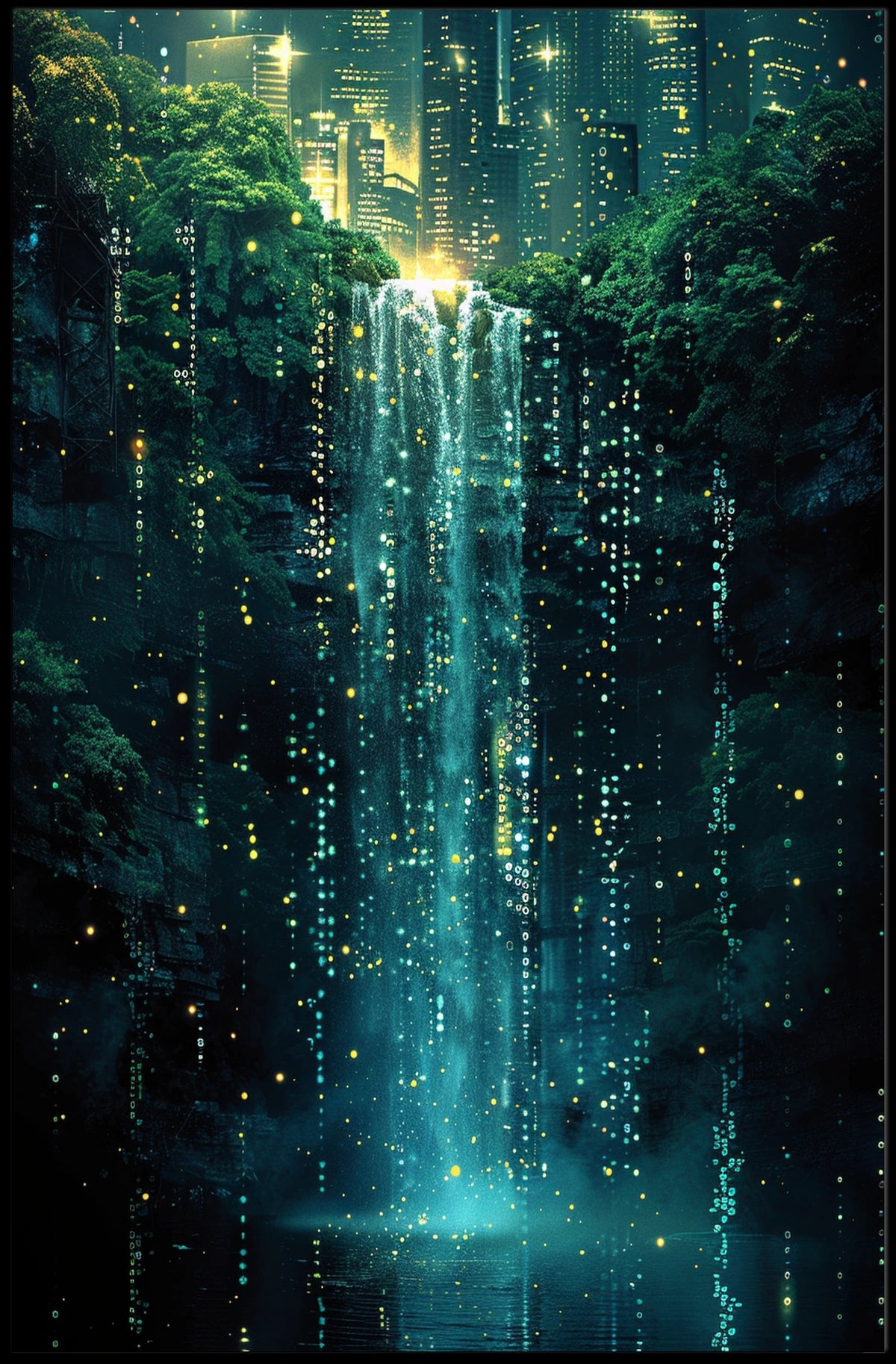 Neon Waterfall In The City Poster
