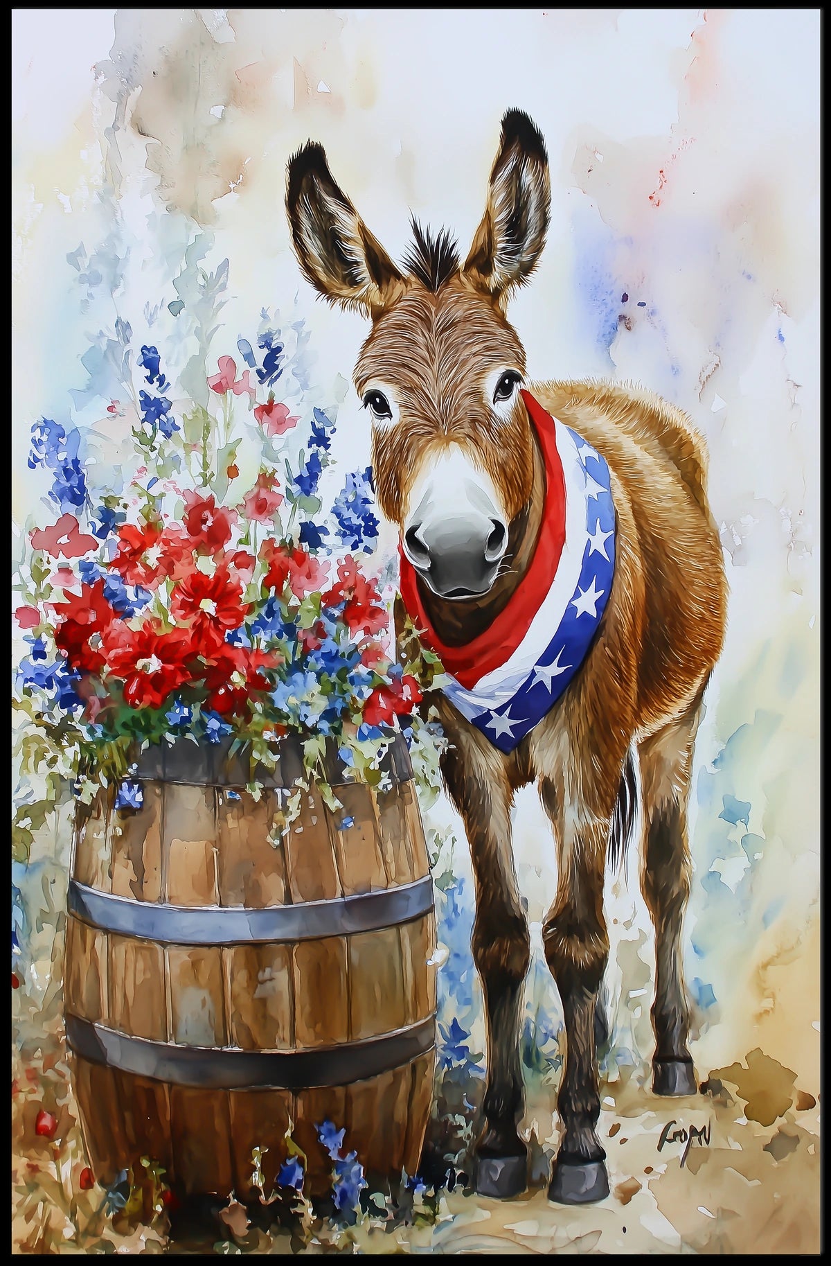 Cheerful Donkey Standing Beside Wooden Barrel Poster