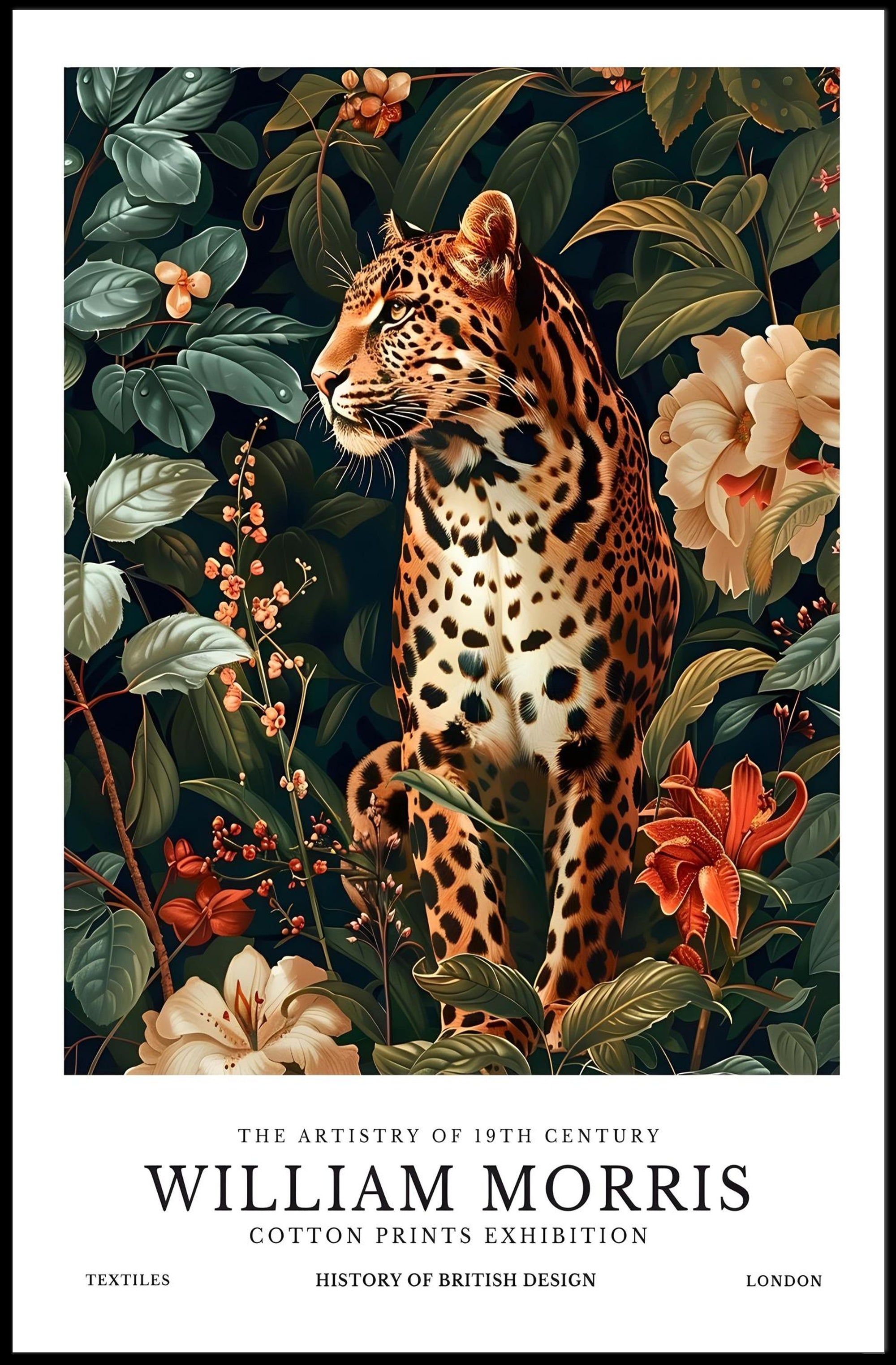 Leopard in 19th-Century Botanical Style: Artistic Poster