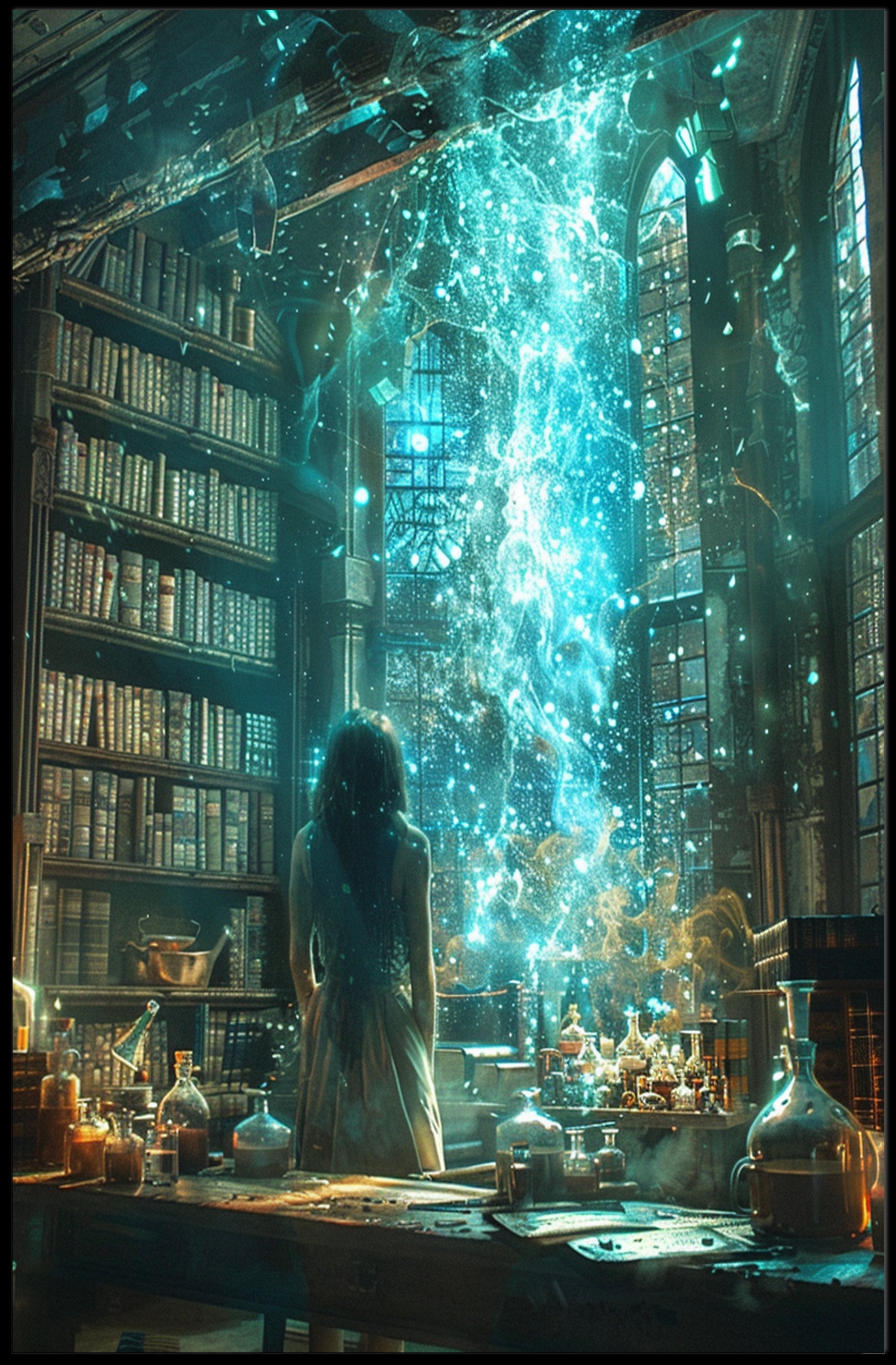 Magical Realm in Grand Library Fantasy or Mythology Poster PosterGoat