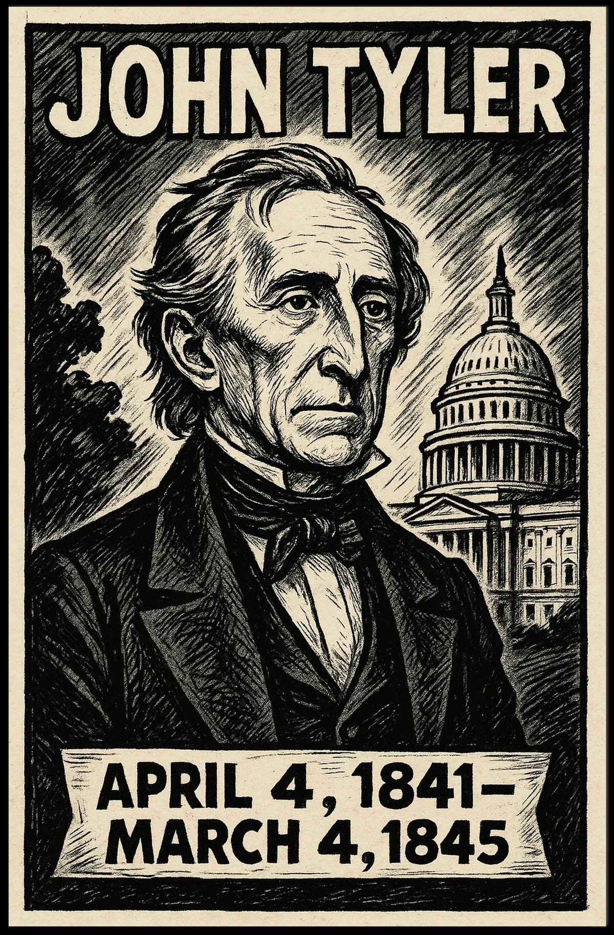 John Tyler 10th President of the United States B & W Comic Sketch Poster
