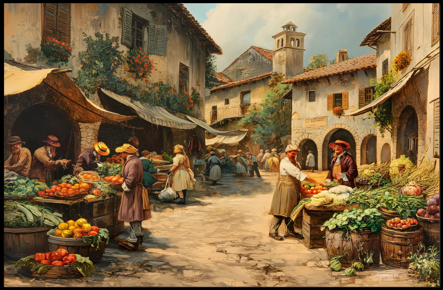 Historical European Village Marketplace Poster Art