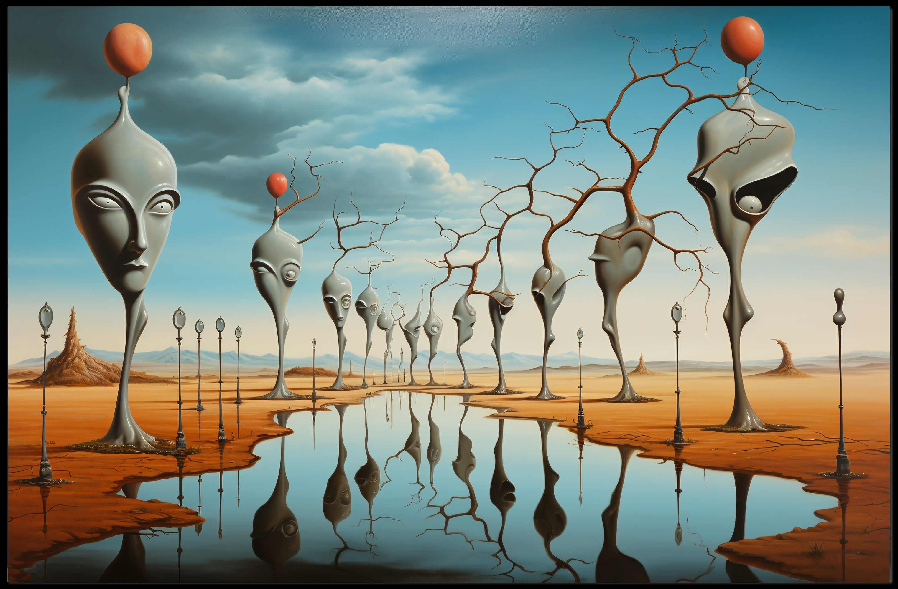 Surrealistic Landscape with Elongated Sculptures Artistic Poster