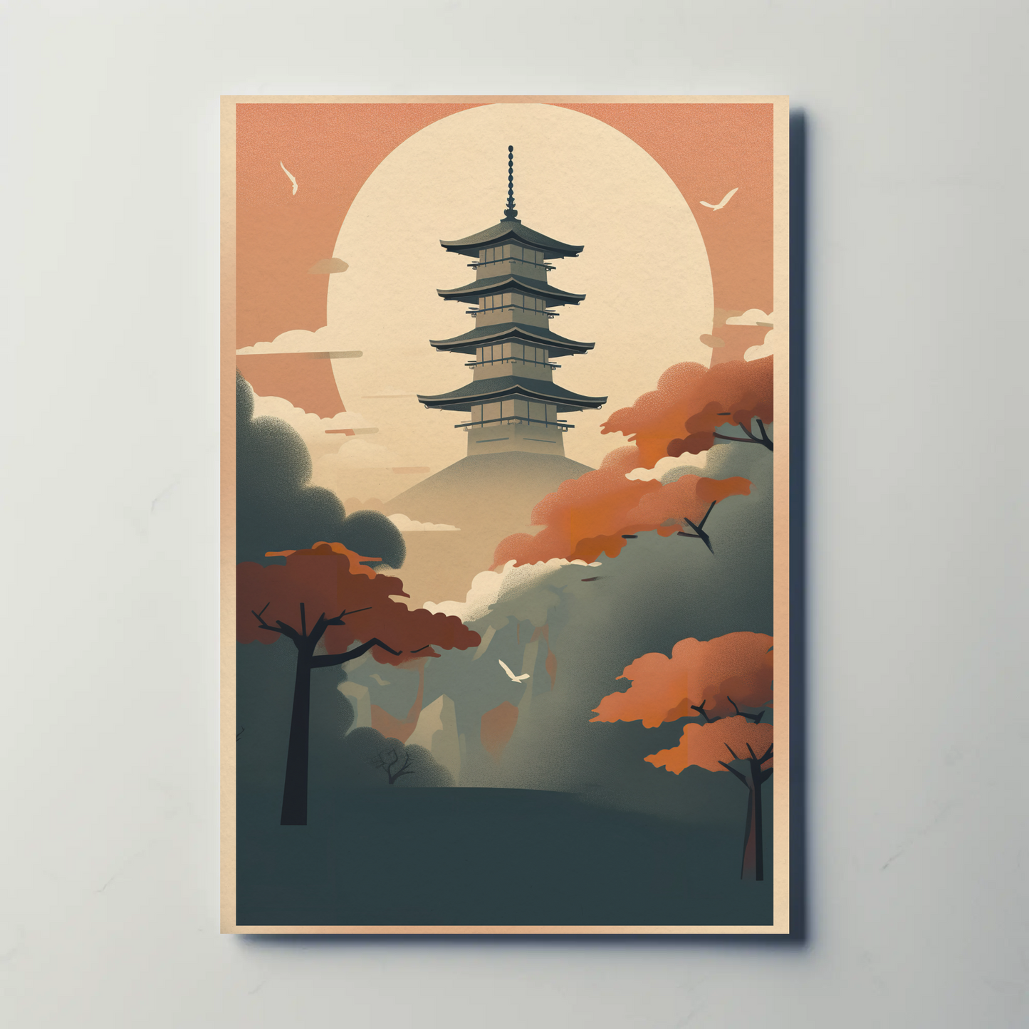 Sunset Pagoda Japan Mountain Haze Vintage Travel Poster