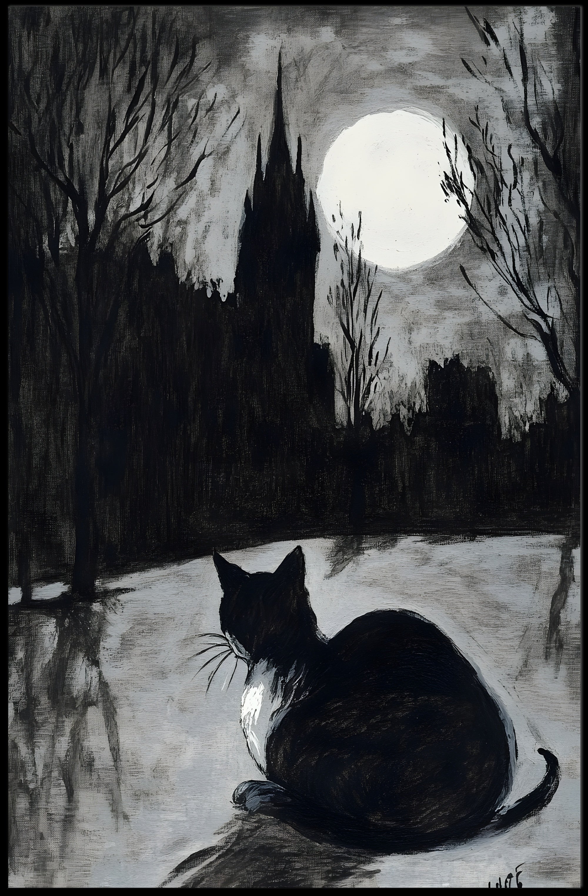 Moonlit Cat with Gothic Castle Artistic Poster PosterGoat
