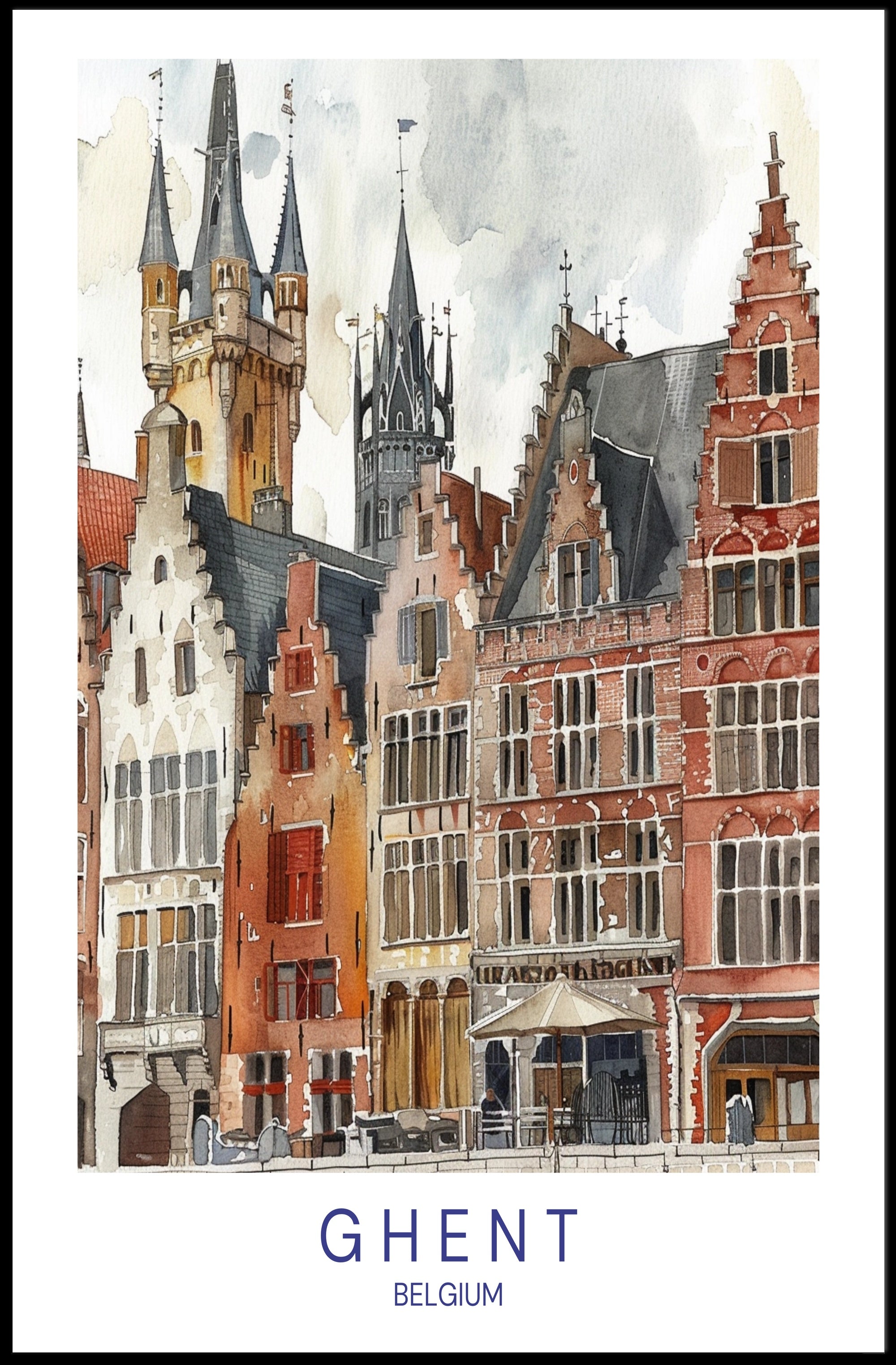 Ghent Watercolor Cityscape: European Architectural Heritage Urban or Cityscape Poster PosterGoat