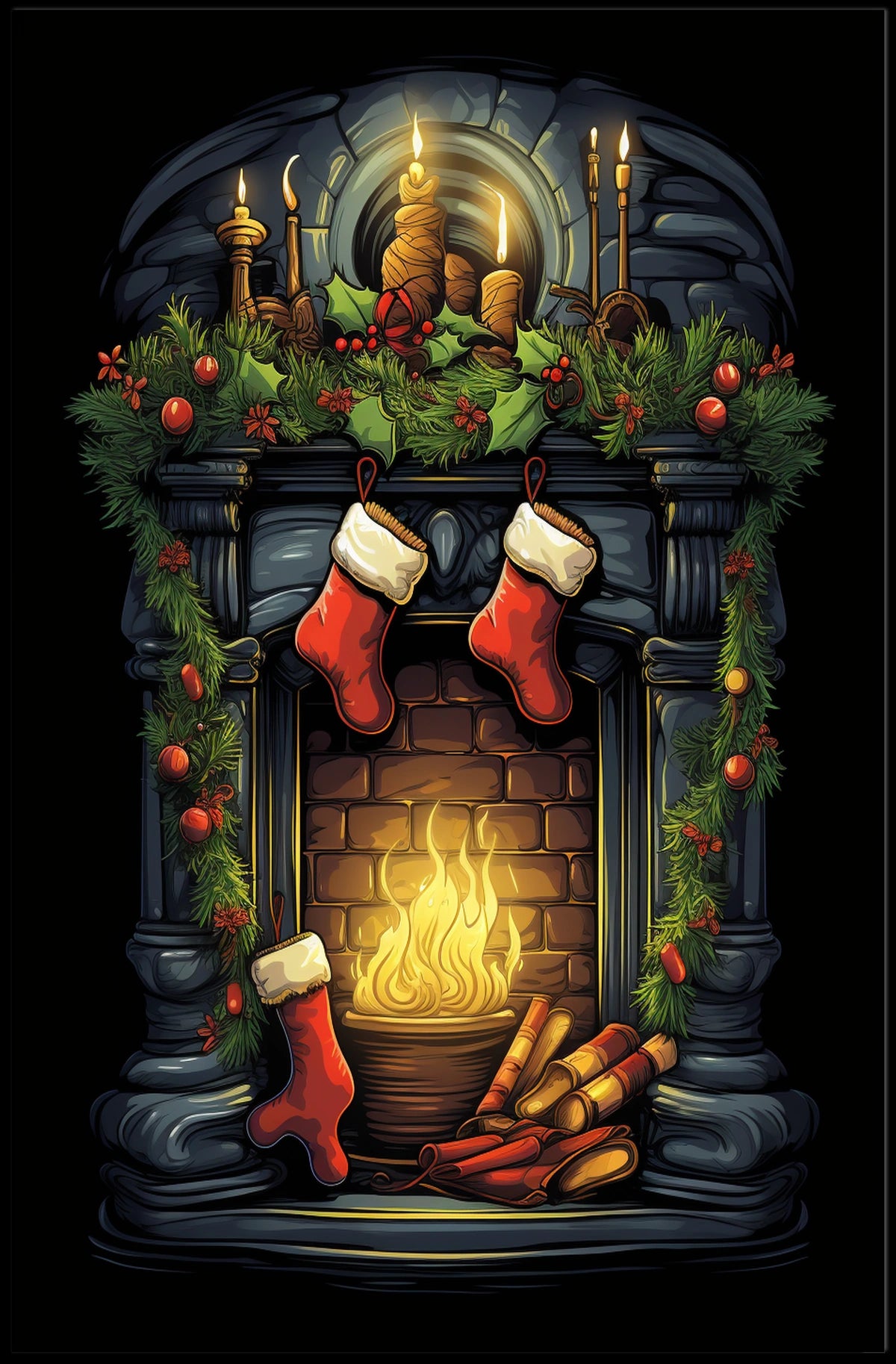 Festive Fireplace Scene Poster