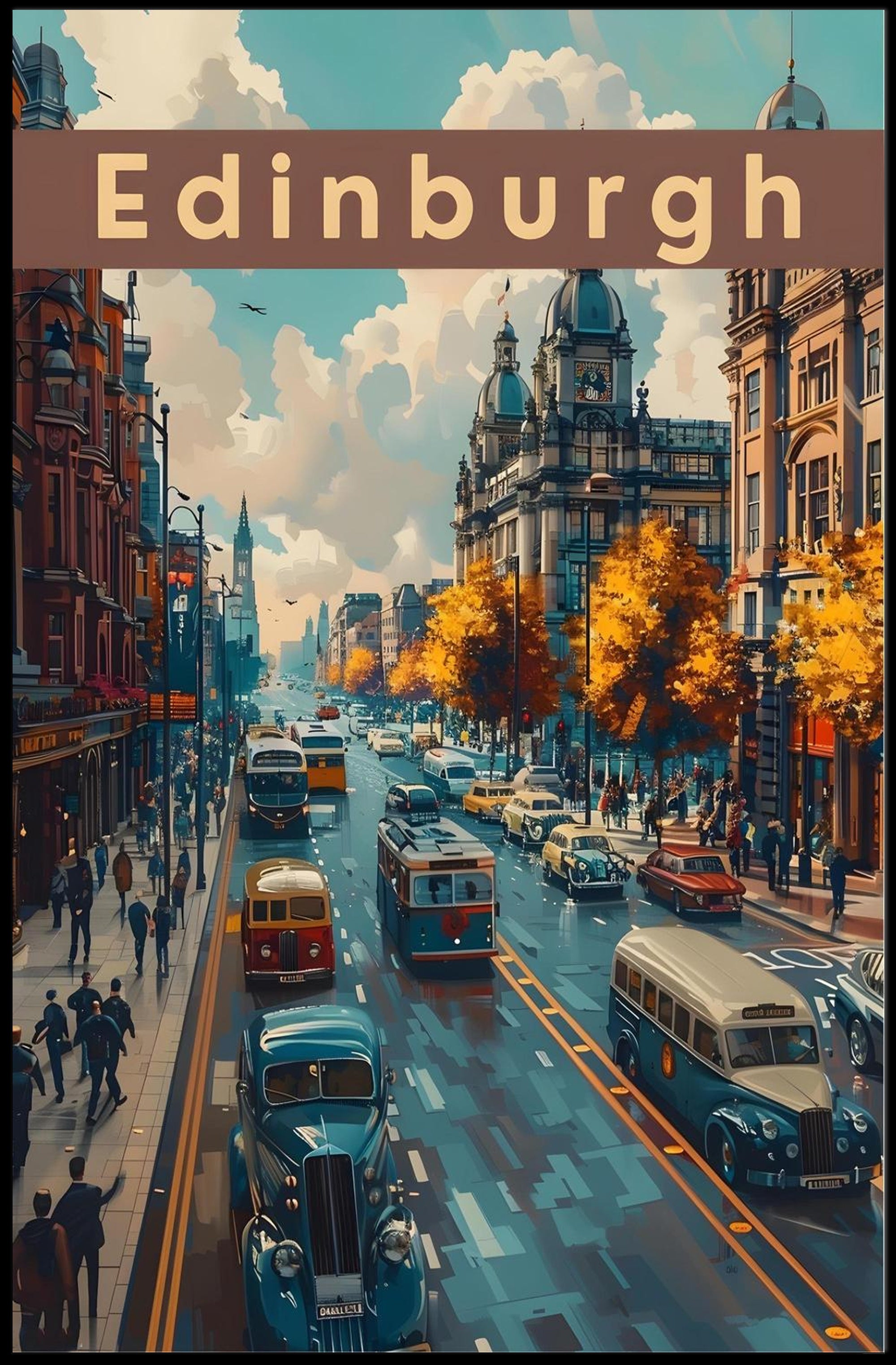 Edinburgh Cityscape: Vintage Vehicles and Autumn Charm Poster
