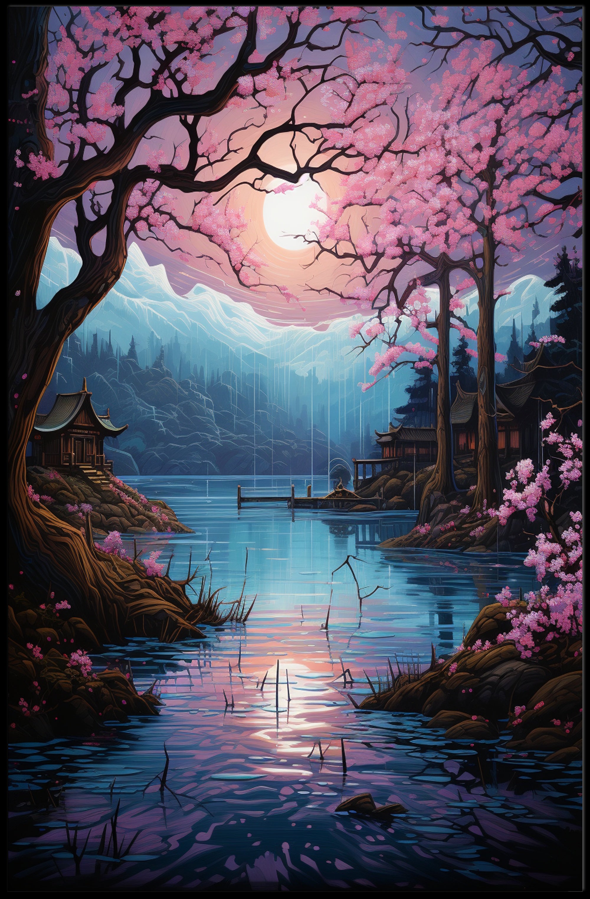 Tranquil Cherry Blossom Lake Poster