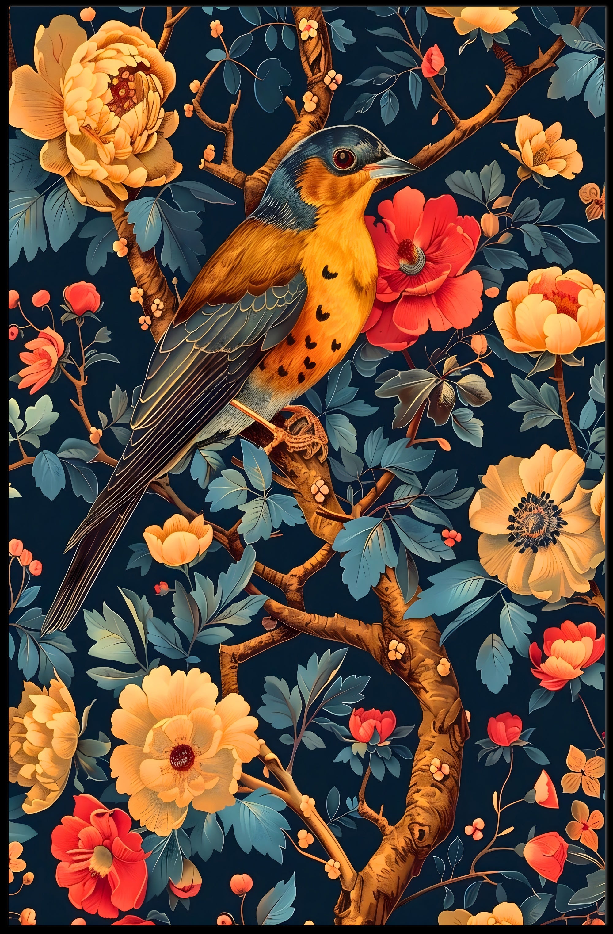 Bird and Flower Botanical Art Print - Animal Poster