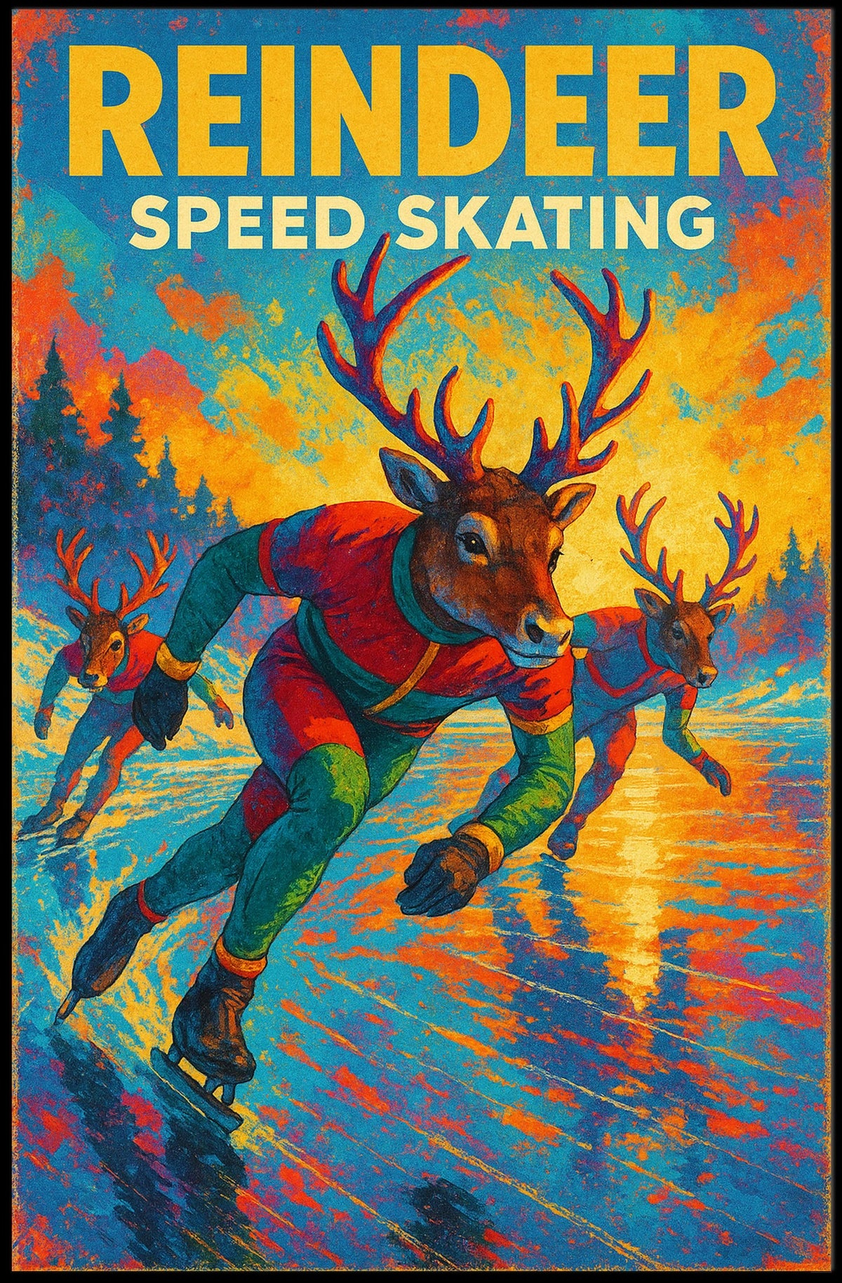 Speed Skating Reindeer Winter Wonderland Sports Poster