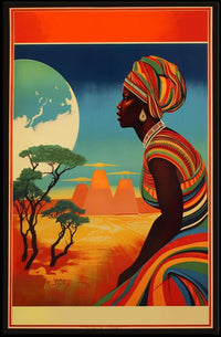 Radiant Earth: Woman in Traditional Attire with Moonlit Landscape Poster