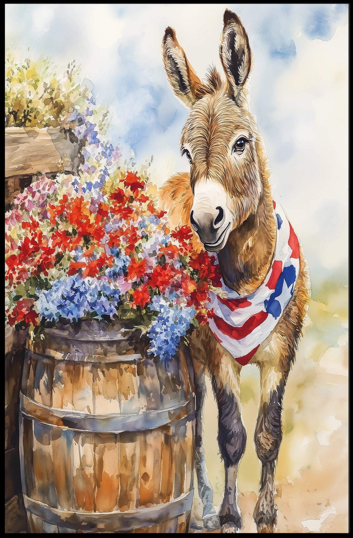 Cheerful Donkey Beside Barrel Surrounded By Flowers Poster