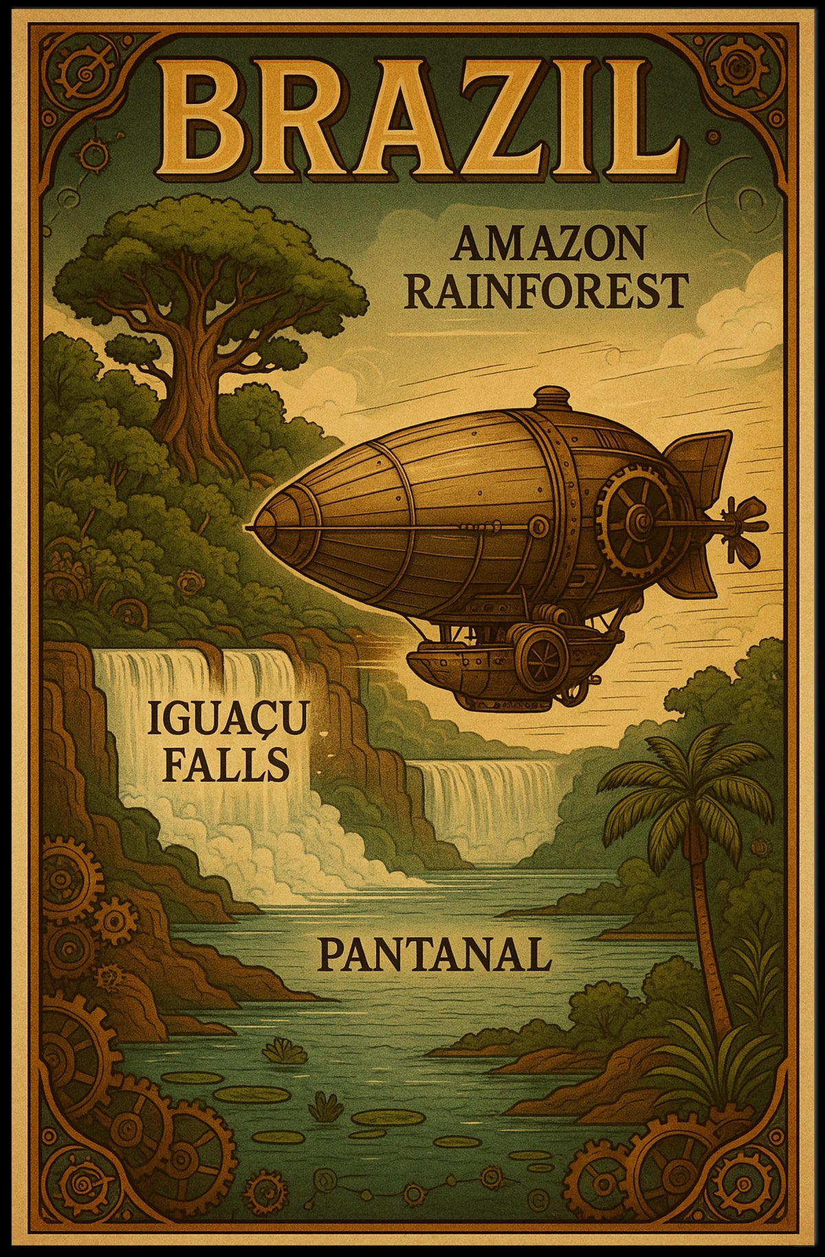 Brazil's Wonders Vintage Steampunk Adventure Poster