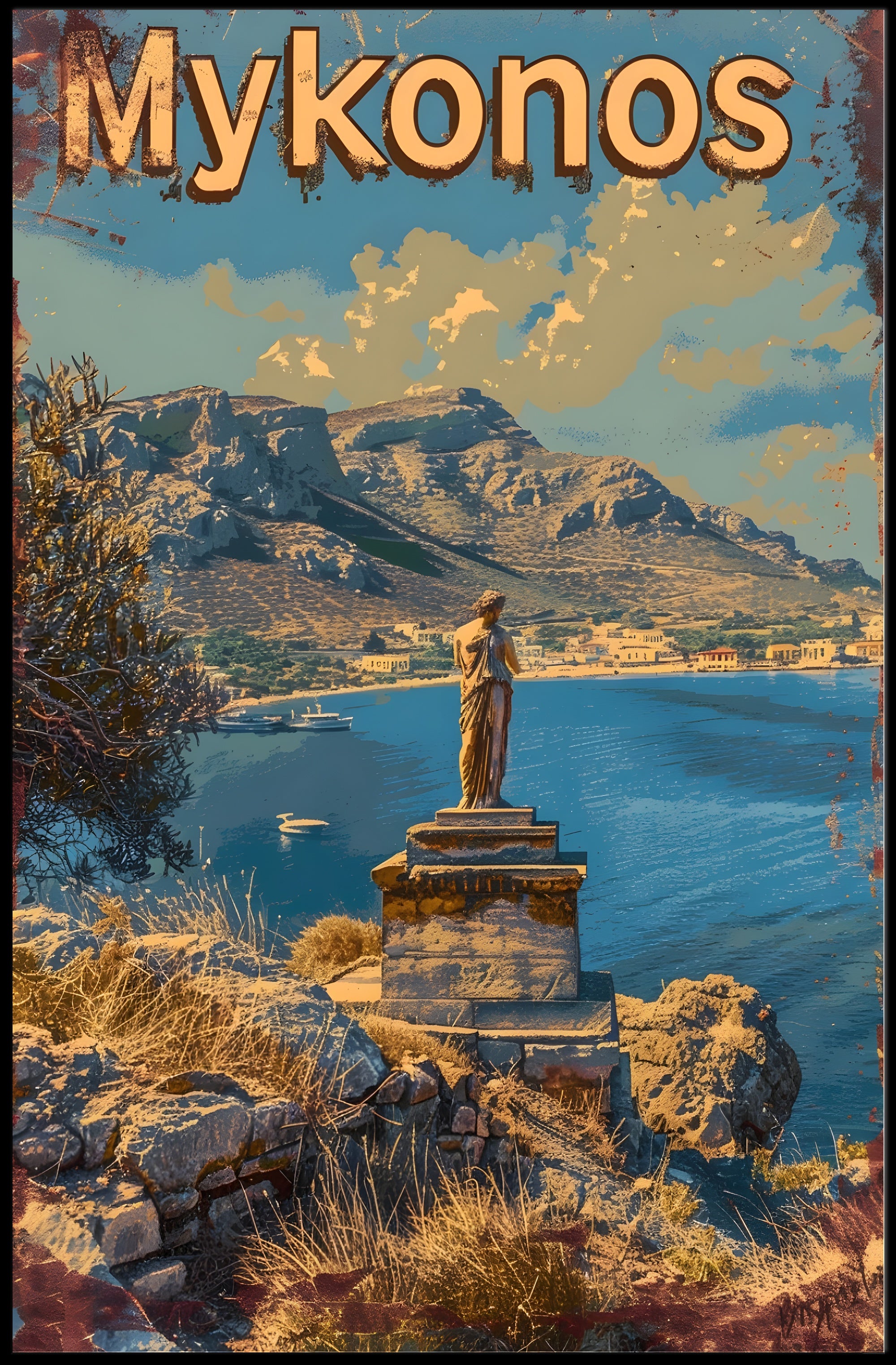 Scenic Mykonos Vintage Travel Art Poster