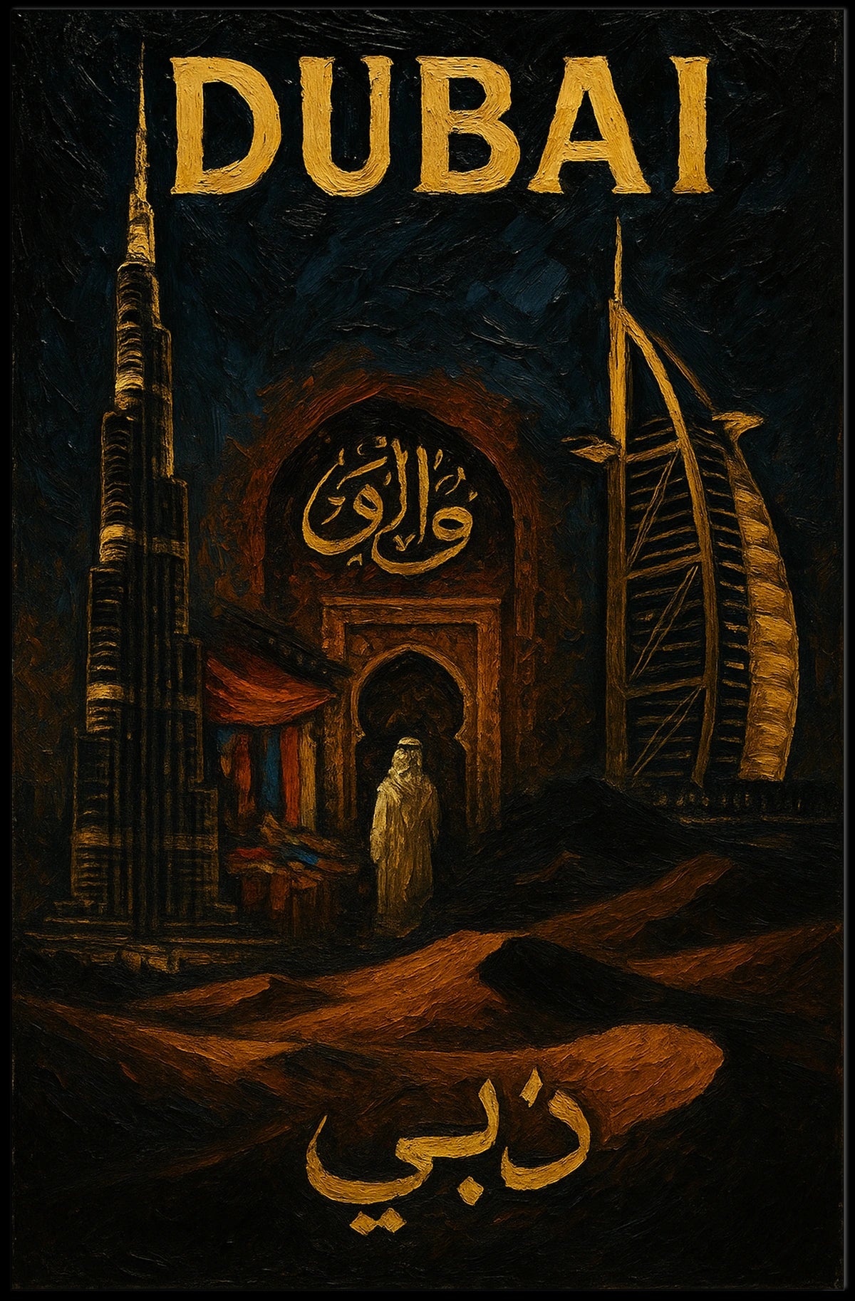 Dubai Skyline Poster With Arabic Calligraphy For Home Decor