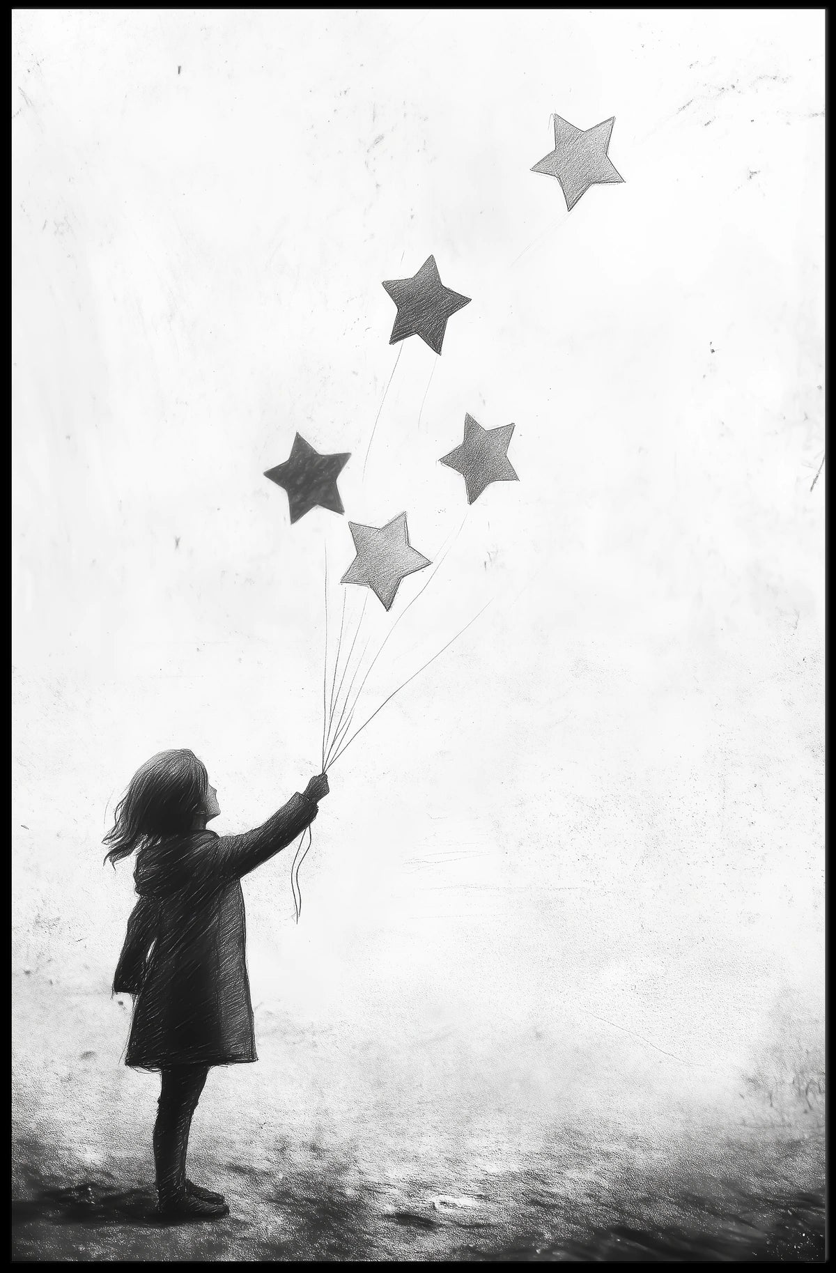 Child Releasing Star Balloons Silhouetted Artwork Poster